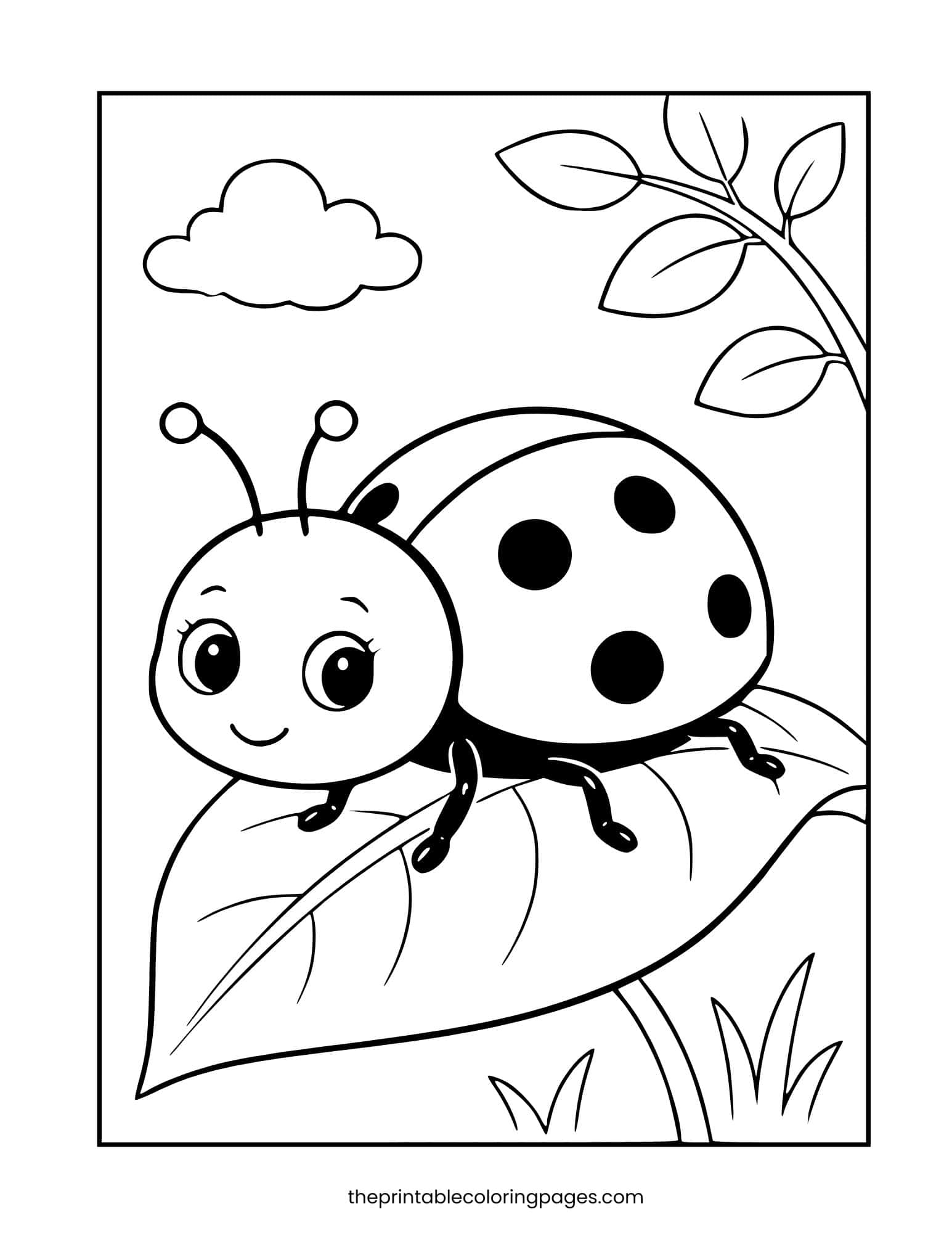 A cute ladybug resting on a large leaf with a cloud and branch in the background, thick outlines on a clean white background, preschool-friendly design.