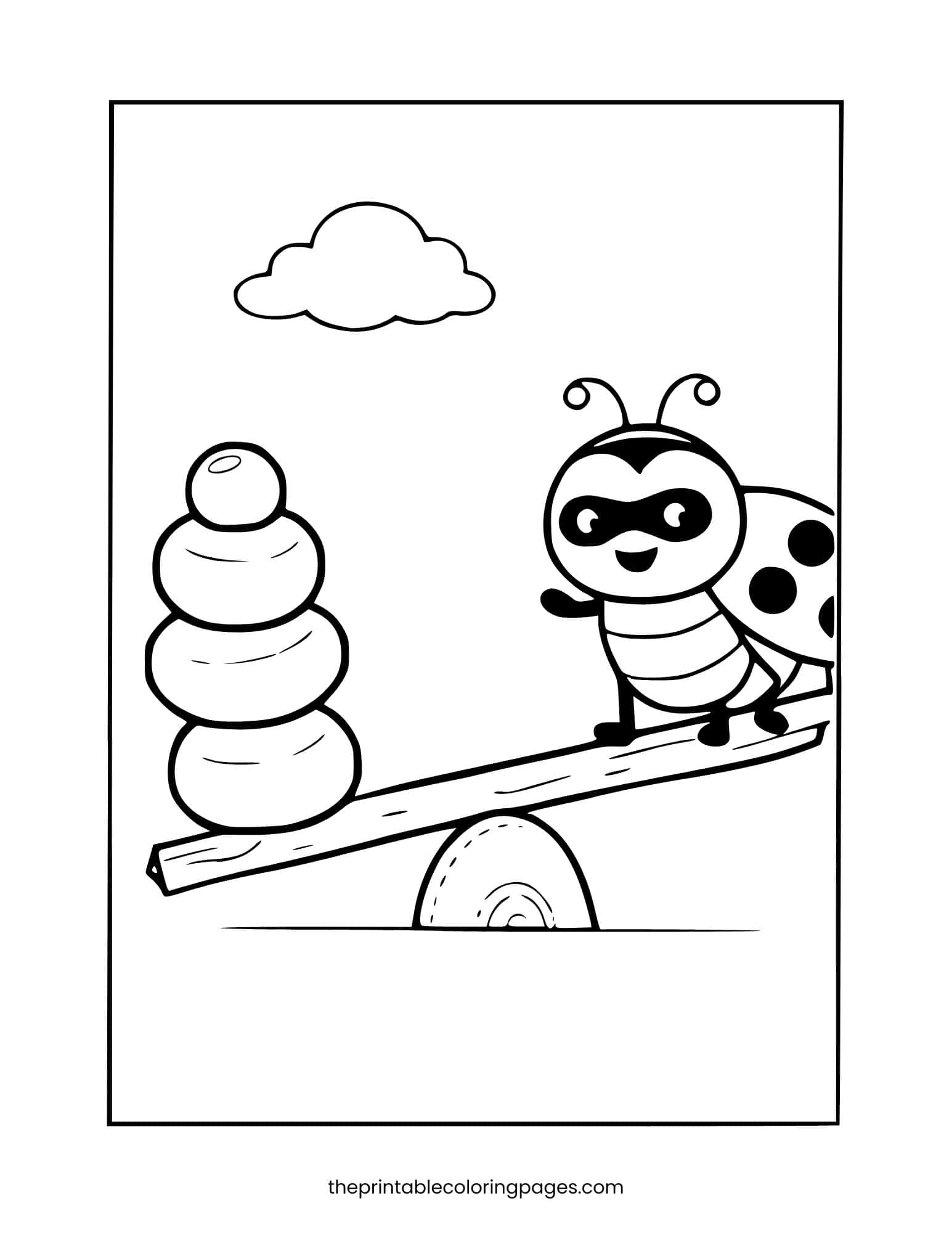 A cute masked ladybug on a seesaw balanced against a stack of stones with a cloud above, thick outlines on a clean white background, preschool-friendly design.