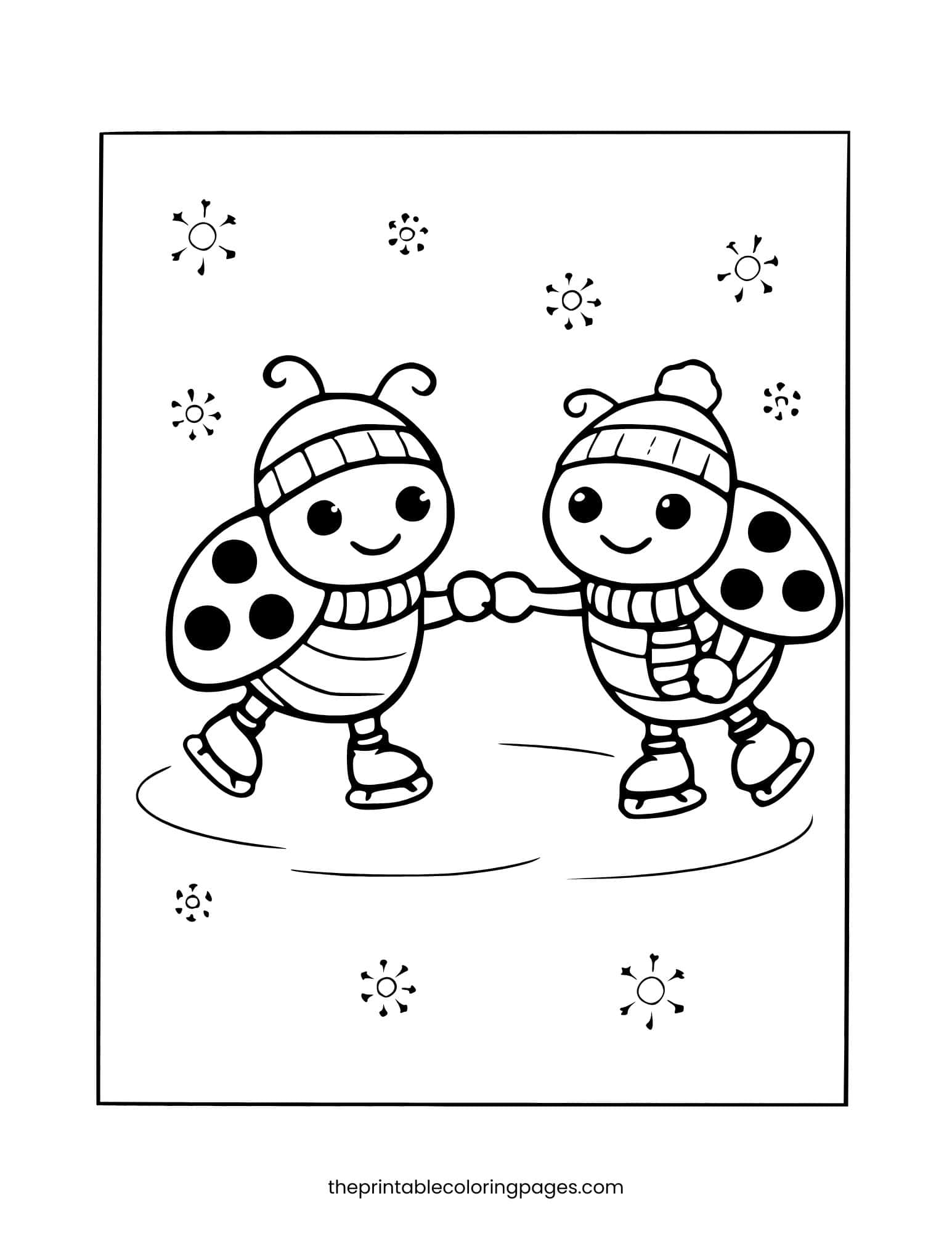 Two cute ladybugs wearing hats and scarves and holding hands while ice skating with snowflakes around, thick outlines on a clean white background, preschool-friendly design.