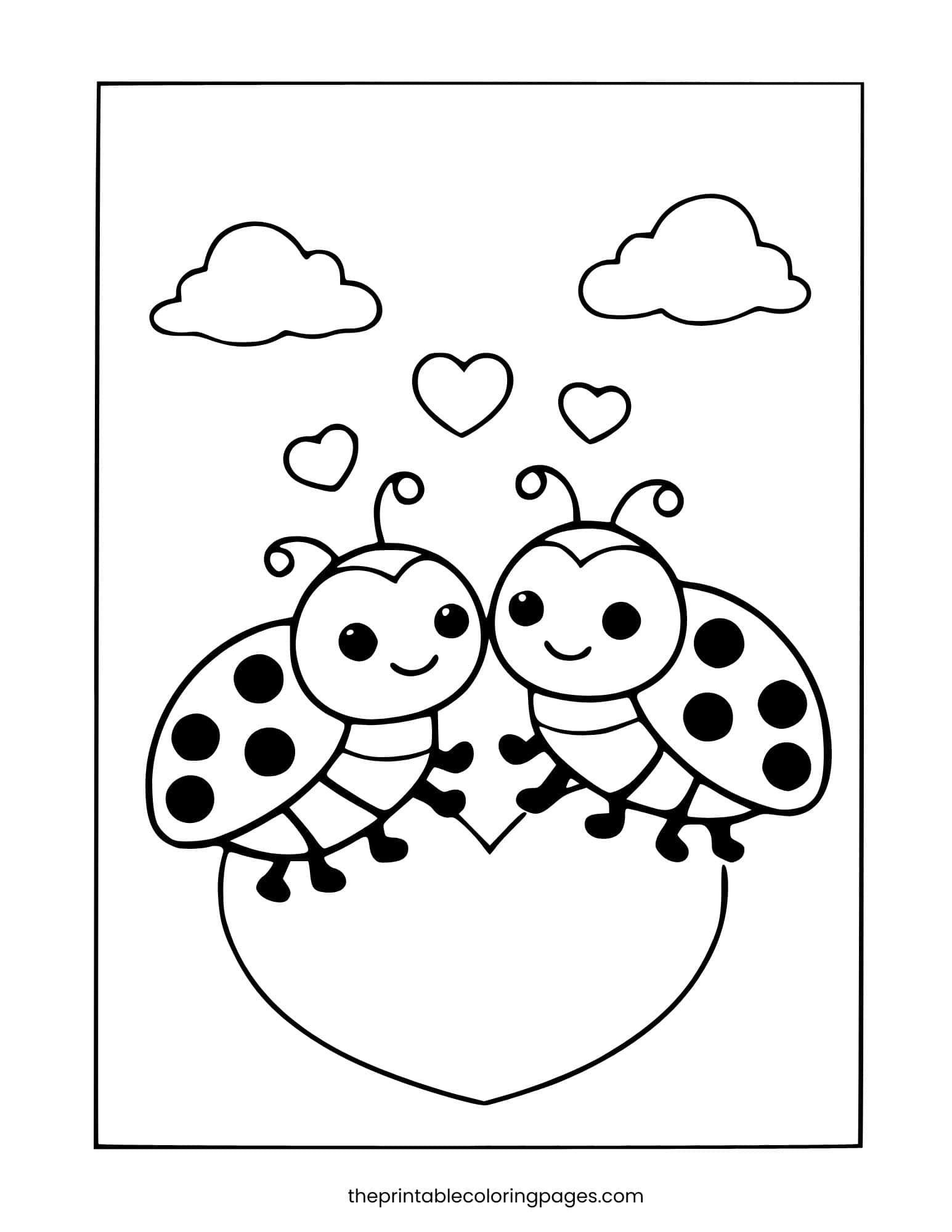 Two cute ladybugs sitting on a big heart with small hearts floating above and clouds in the background, thick outlines on a clean white background, preschool-friendly design.
