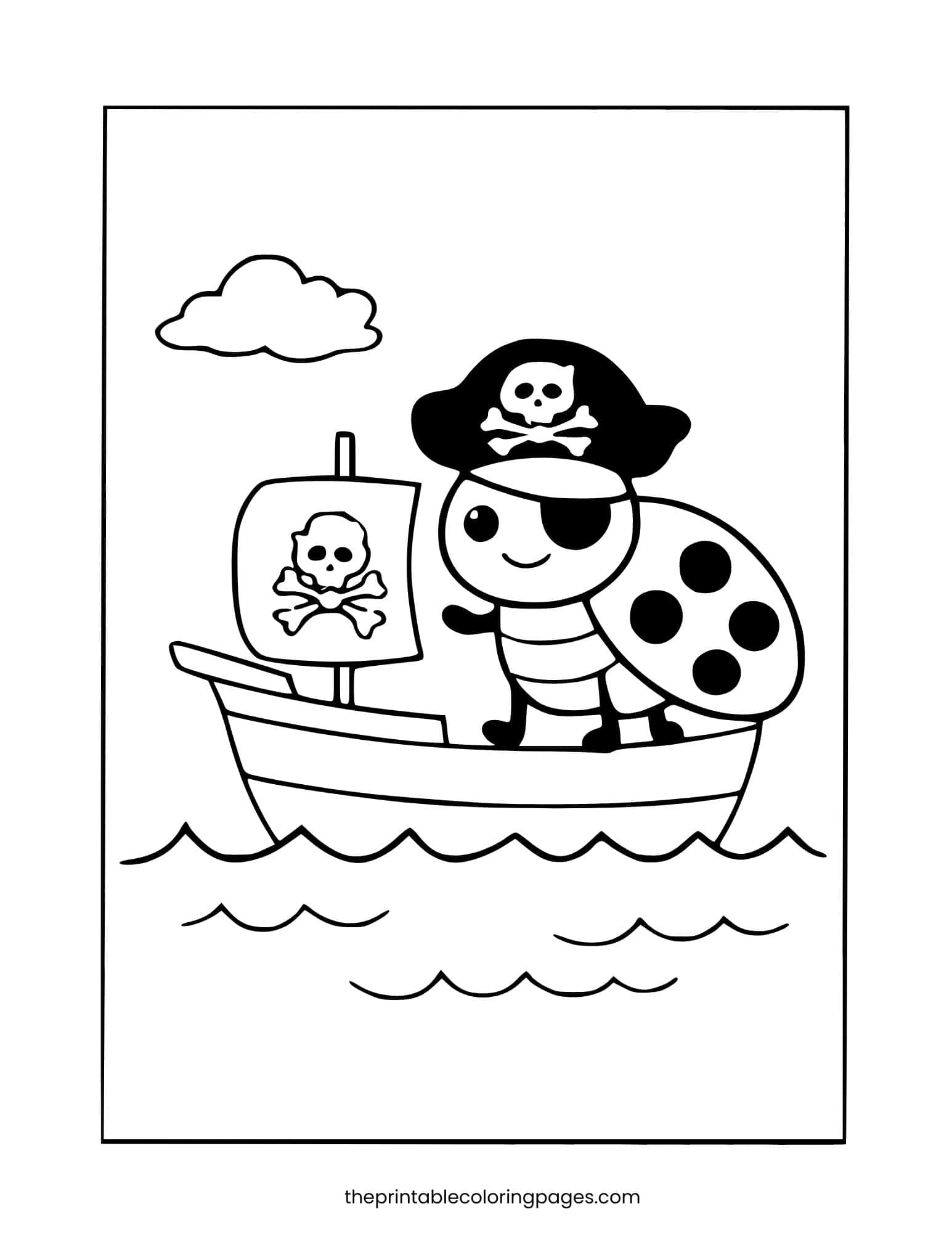 A cute ladybug dressed as a pirate sailing on a boat with waves and a jolly roger flag, thick outlines on a clean white background, preschool-friendly design.