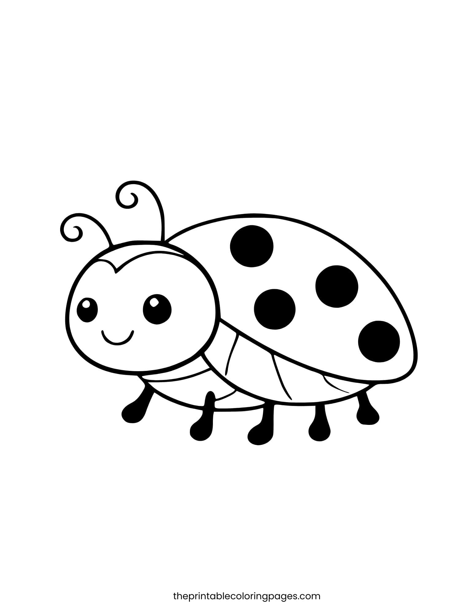 A cute ladybug shown from the side with a smiling face, curly antennae, and round spots on a clean white background, thick outlines, preschool-friendly design.