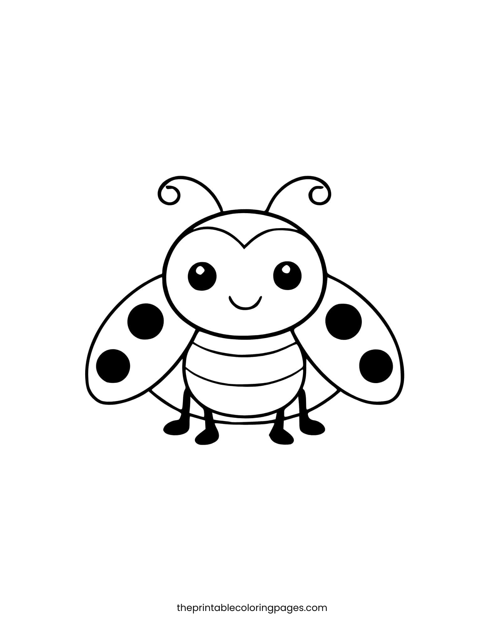 A simple standalone cute ladybug with four spots, curly antennae, and a smiling face on a clean white background, thick outlines, preschool-friendly design.