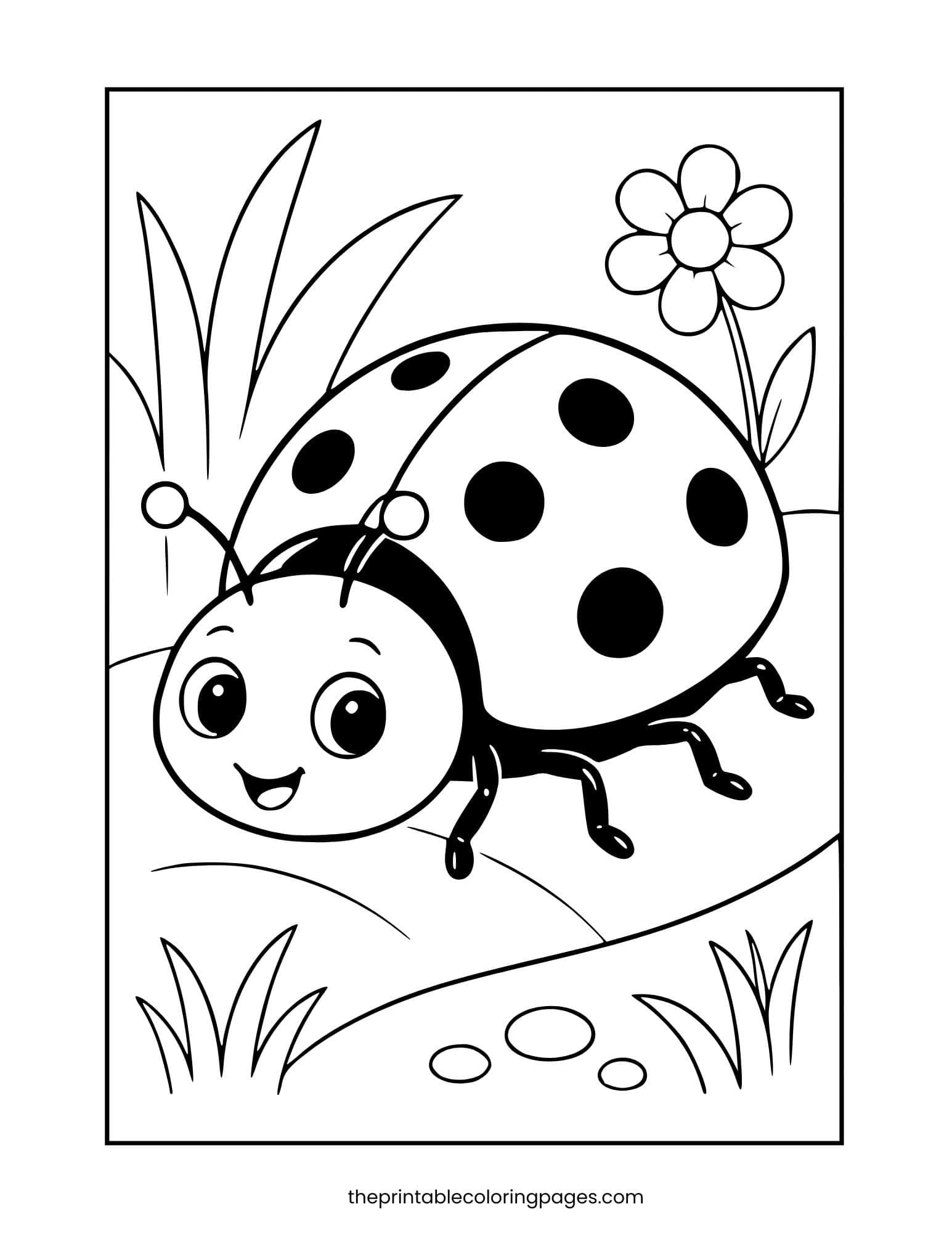 A cute ladybug standing in a garden with spots on its shell and a smiling face, thick outlines on a clean white background, preschool-friendly design.