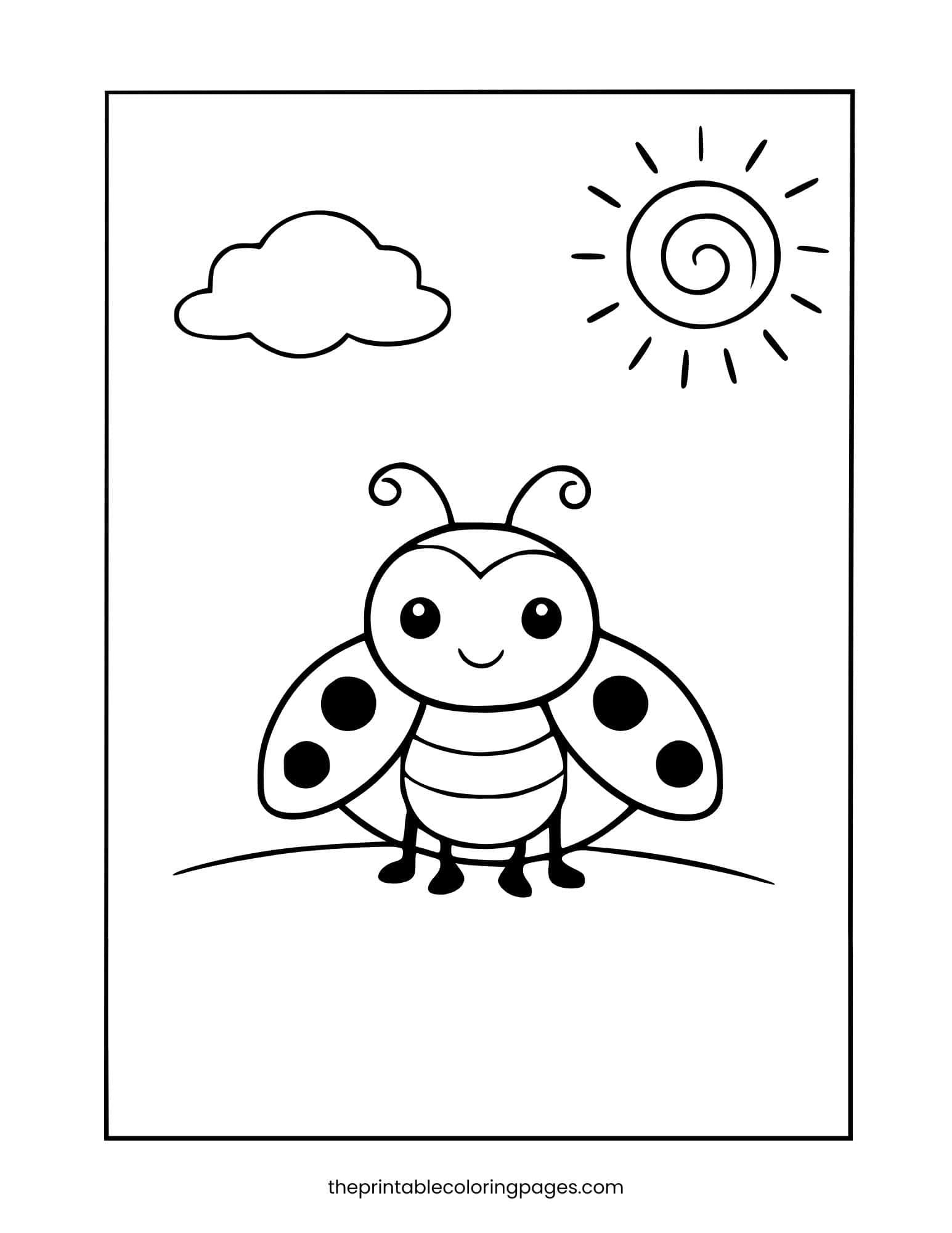 A cute ladybug standing on a grassy ground with a sun and cloud in the background, thick outlines on a clean white background, preschool-friendly design.