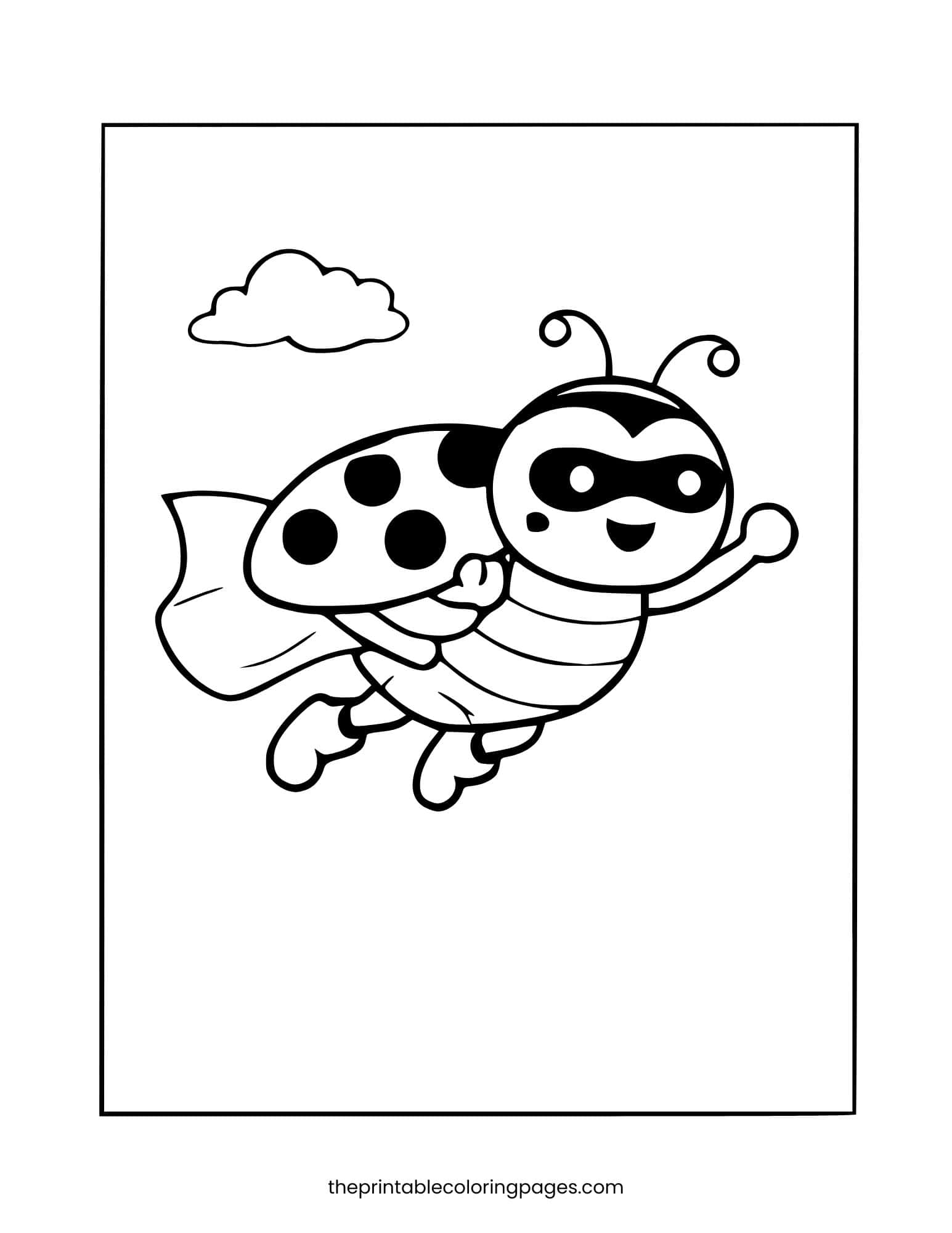 A cute ladybug dressed as a superhero flying with a cape and a mask on a clean white background, thick outlines, preschool-friendly design.