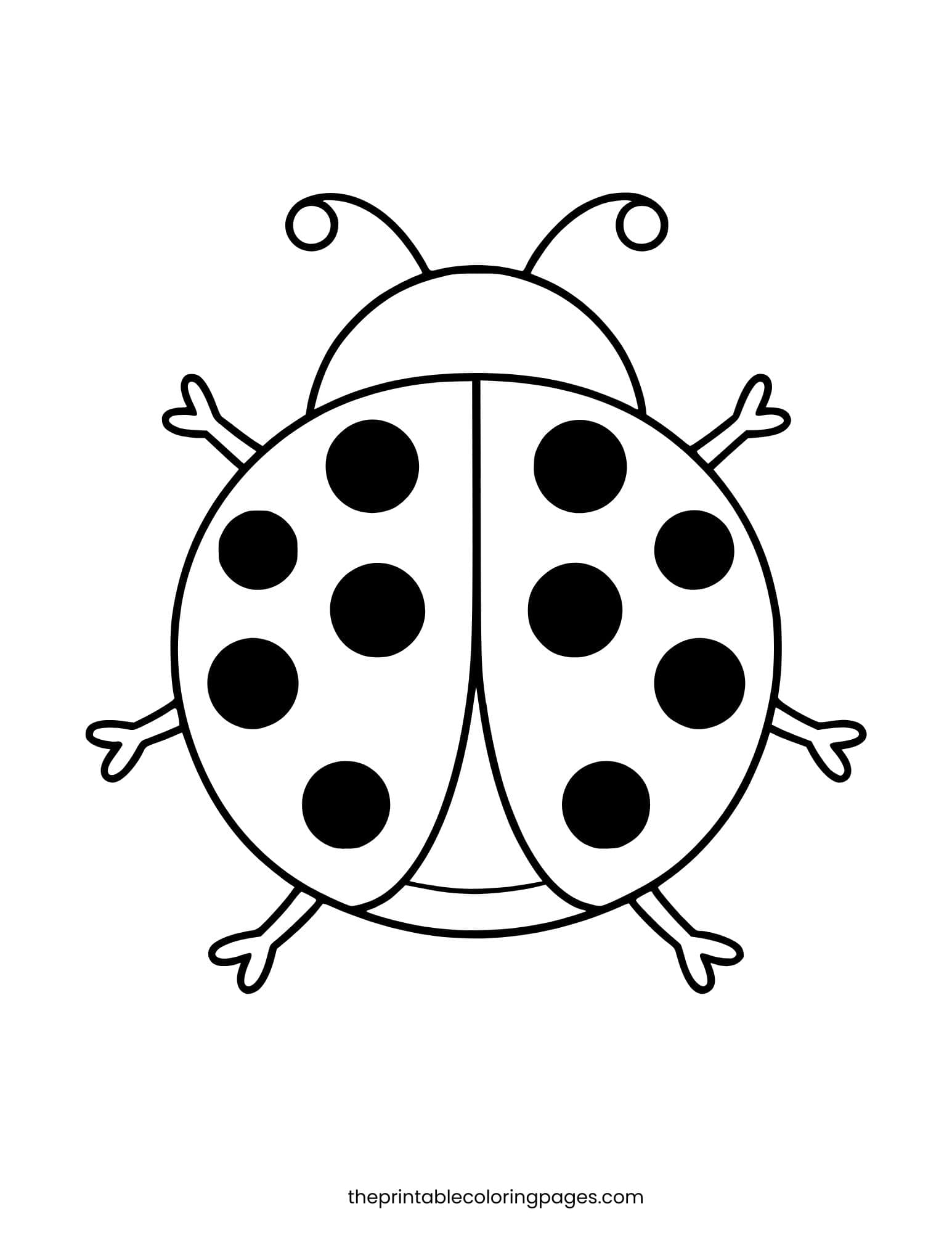 A simple top-view drawing of a cute ladybug with six large spots and curly antennae, thick outlines on a clean white background, preschool-friendly design.