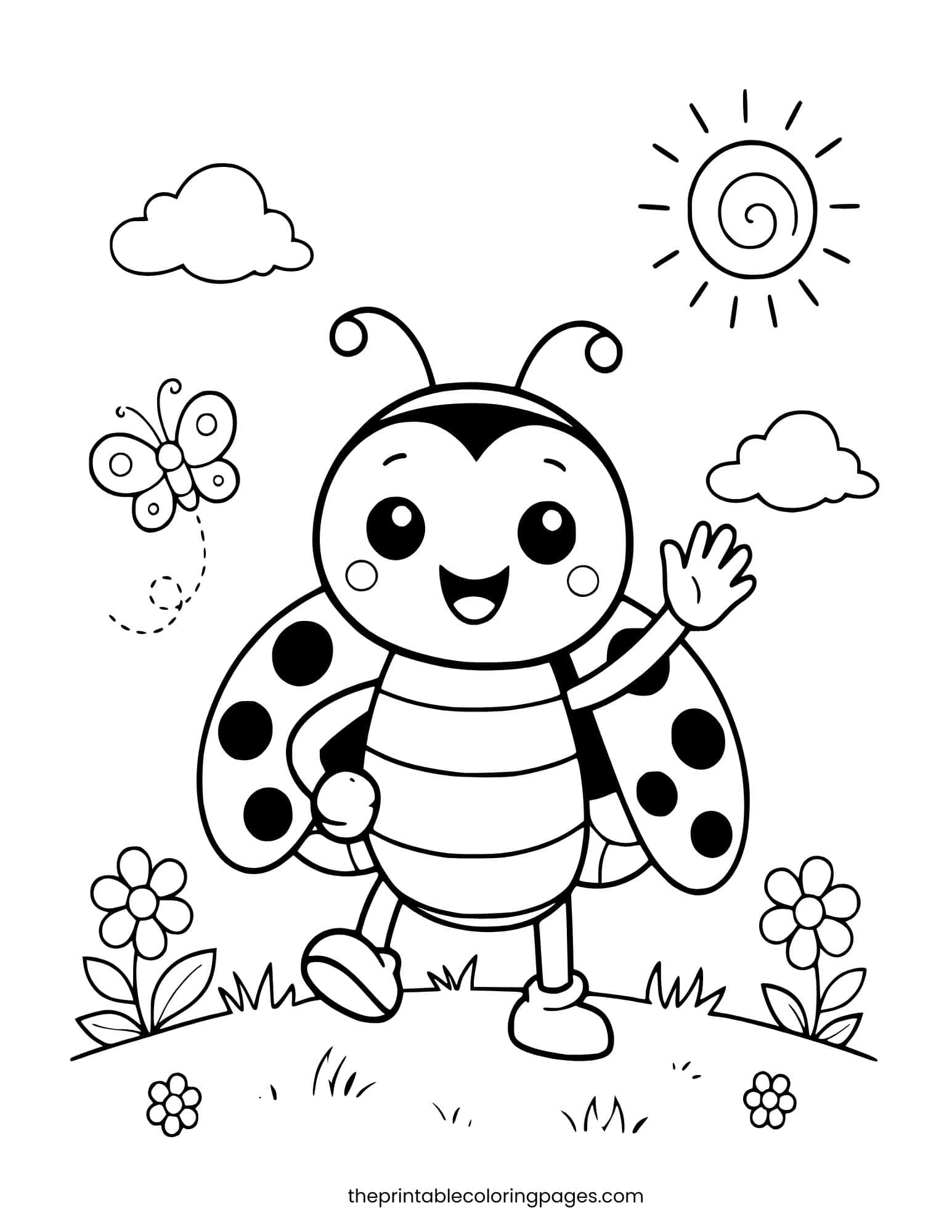 A cute ladybug waving in a garden with a butterfly, flowers, sun, and clouds, thick outlines on a clean white background, preschool-friendly design.