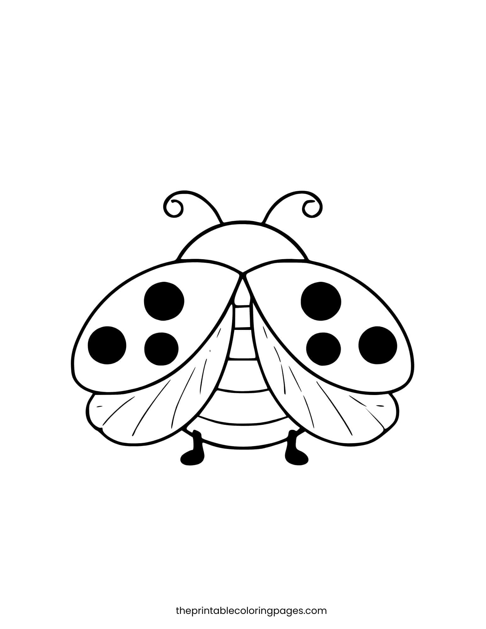A cute top-view ladybug with wings open wide and ten spots arranged symmetrically, thick outlines on a clean white background, preschool-friendly design.