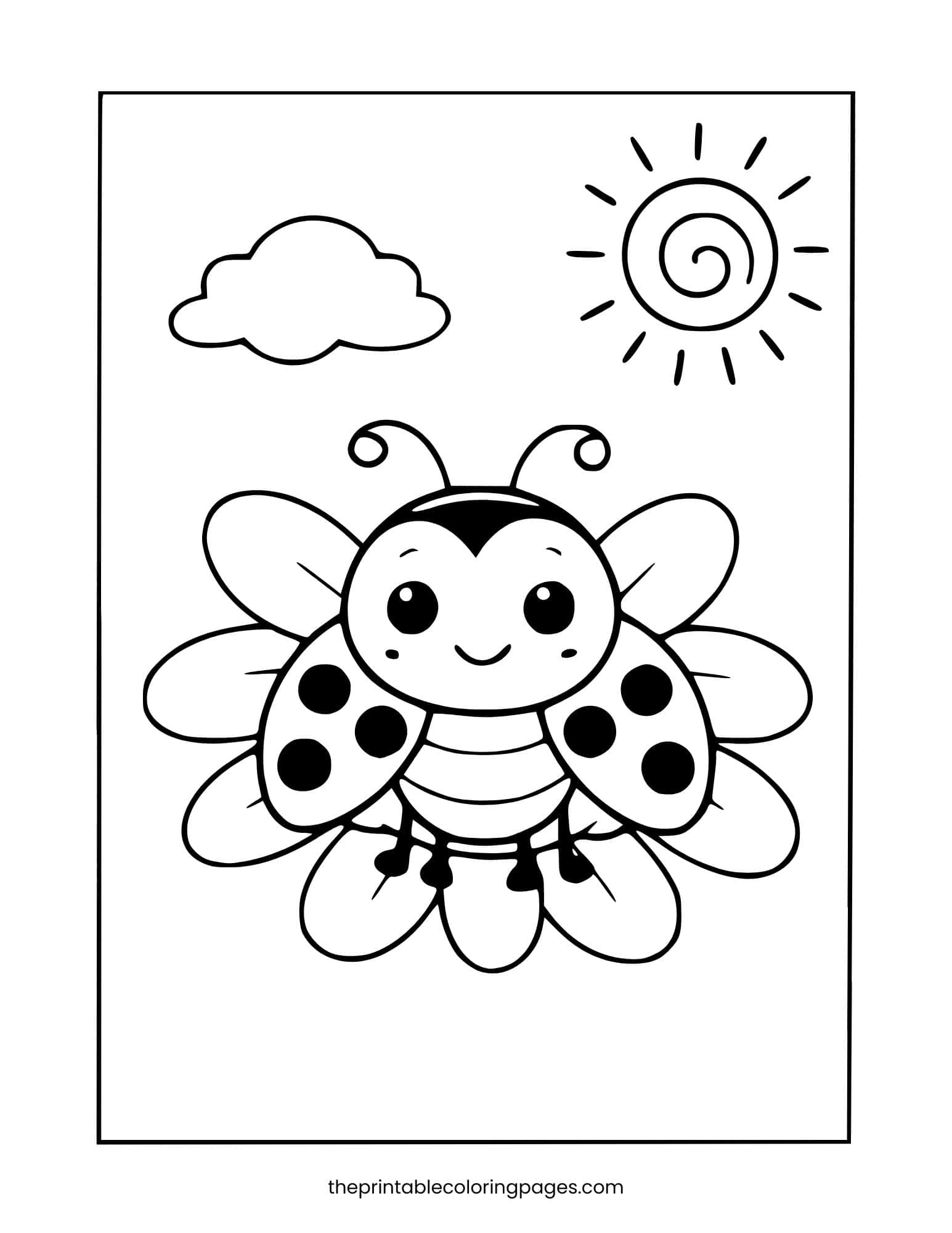 A cute ladybug with open petal-shaped wings smiling under a sun and cloud, thick outlines on a clean white background, preschool-friendly design.