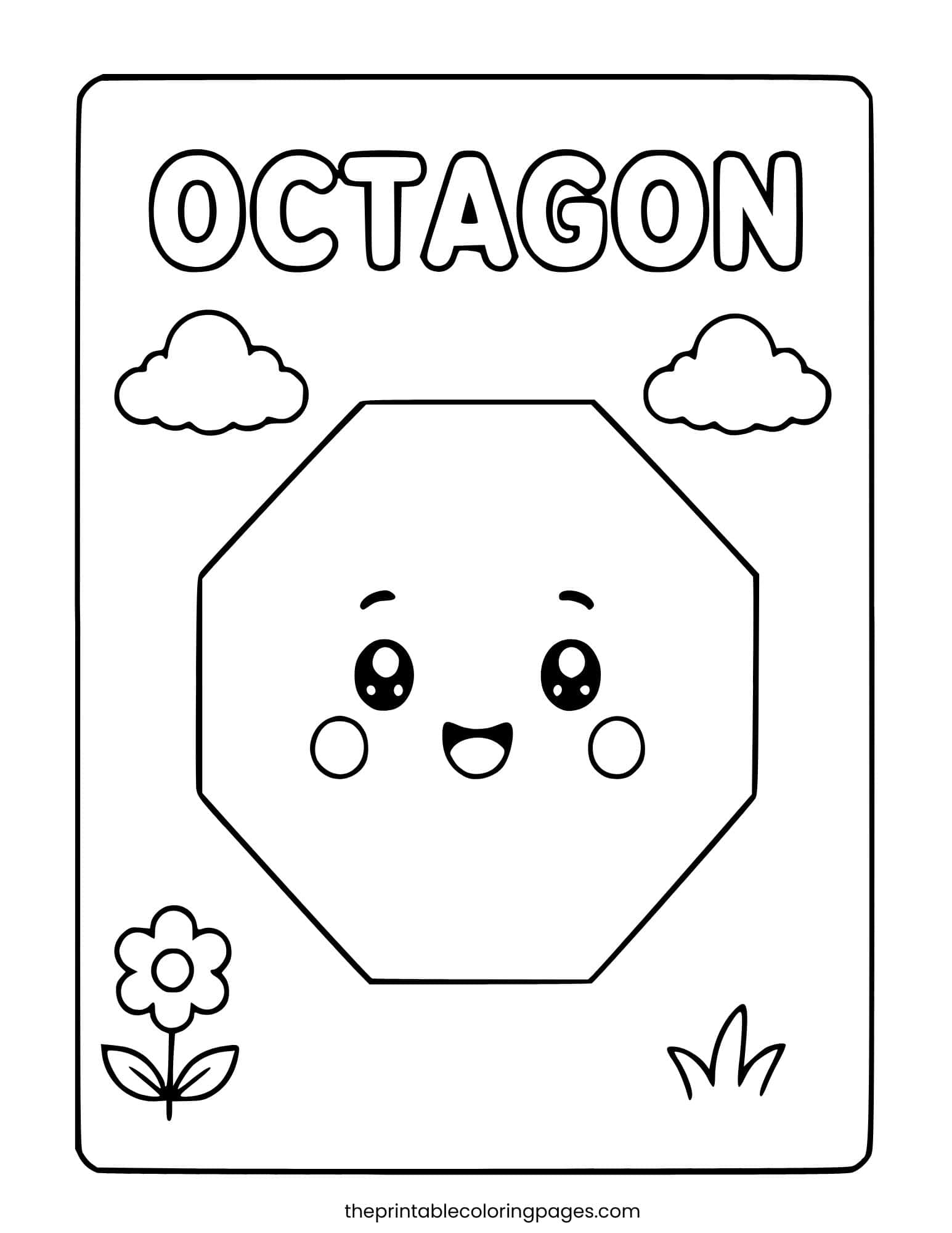A cute kawaii octagon character with a happy smiling face, rosy cheeks, and big eyes, surrounded by clouds, a flower, and grass, with thick outlines and a clean white background, preschool-friendly.