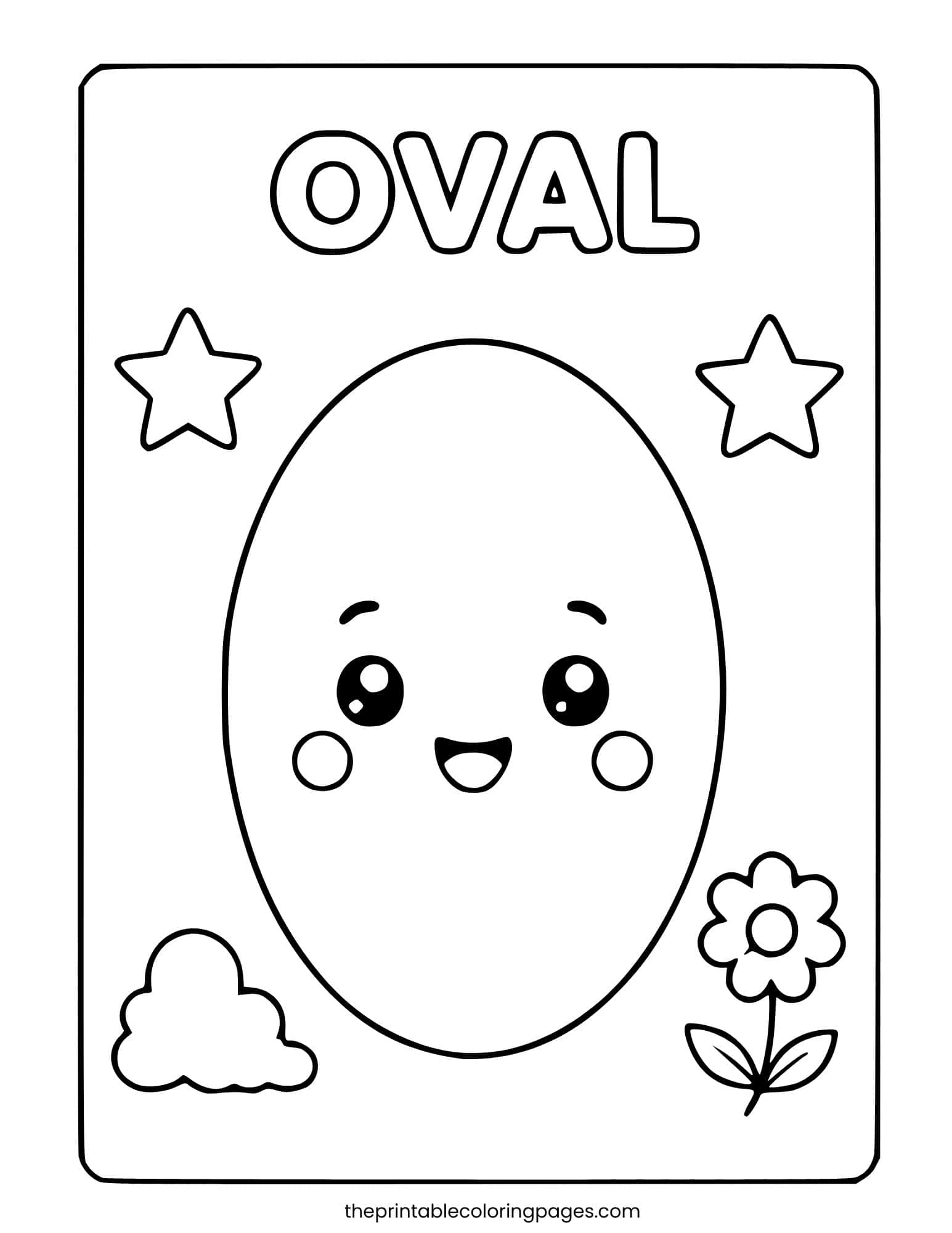 A cute kawaii oval character with a happy smiling face, rosy cheeks, and big eyes, with two stars, a cloud, and a flower, with thick outlines and a clean white background, preschool-friendly.