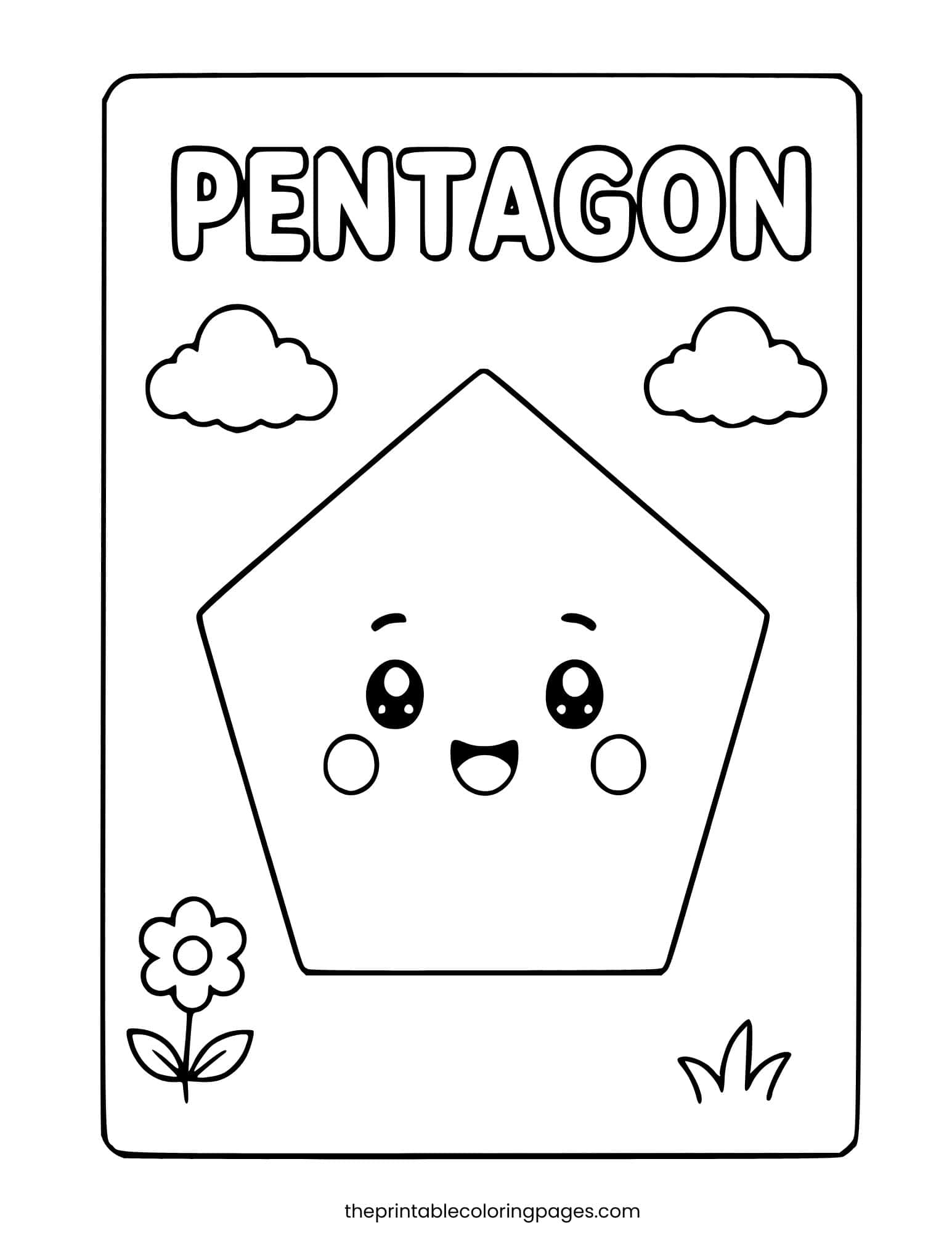 A cute kawaii pentagon character with a happy smiling face, rosy cheeks, and big eyes, surrounded by clouds, a flower, and grass, with thick outlines and a clean white background, preschool-friendly.