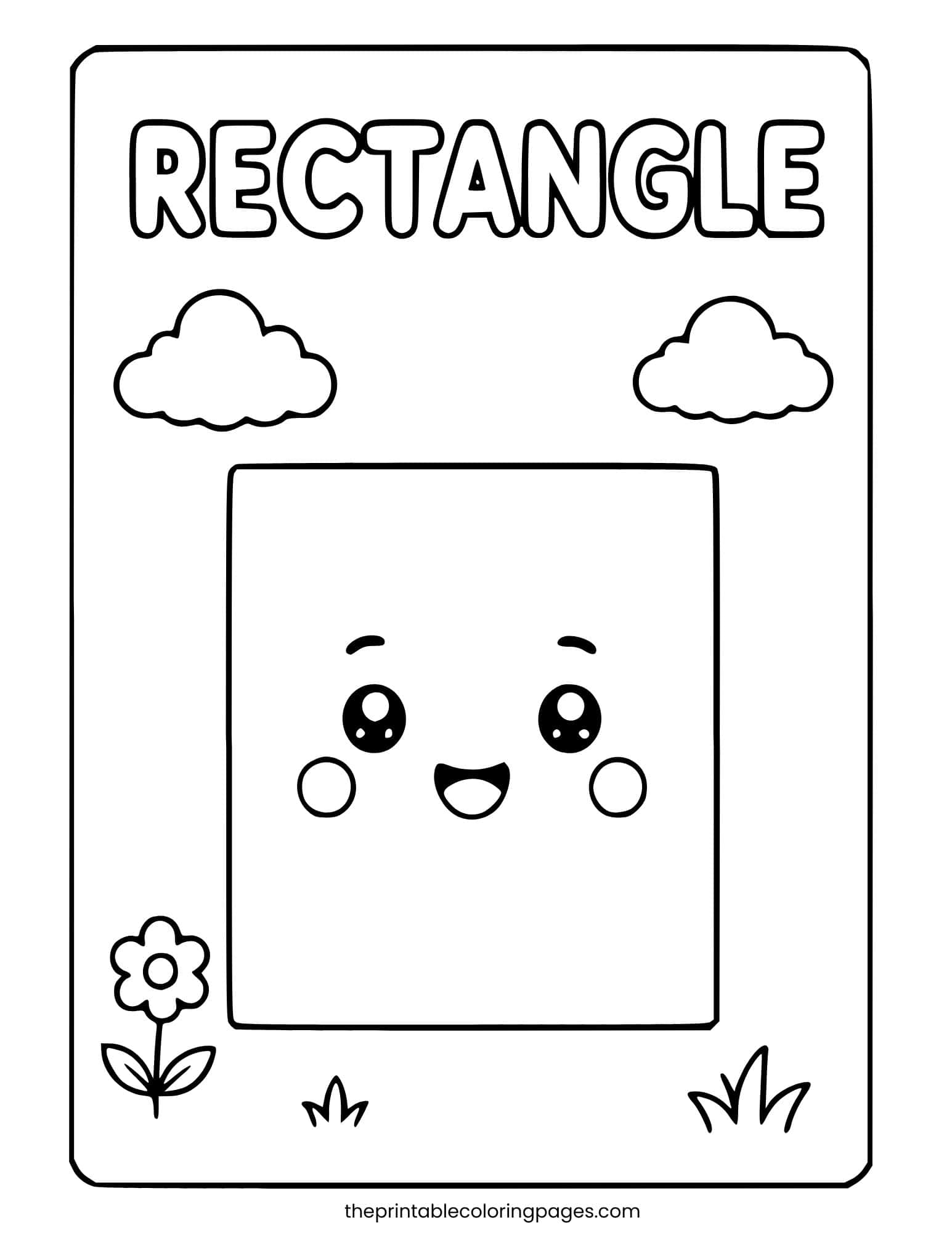 A cute kawaii rectangle character with a happy smiling face, rosy cheeks, and big eyes, surrounded by clouds, a flower, and grass, with thick outlines and a clean white background, preschool-friendly.