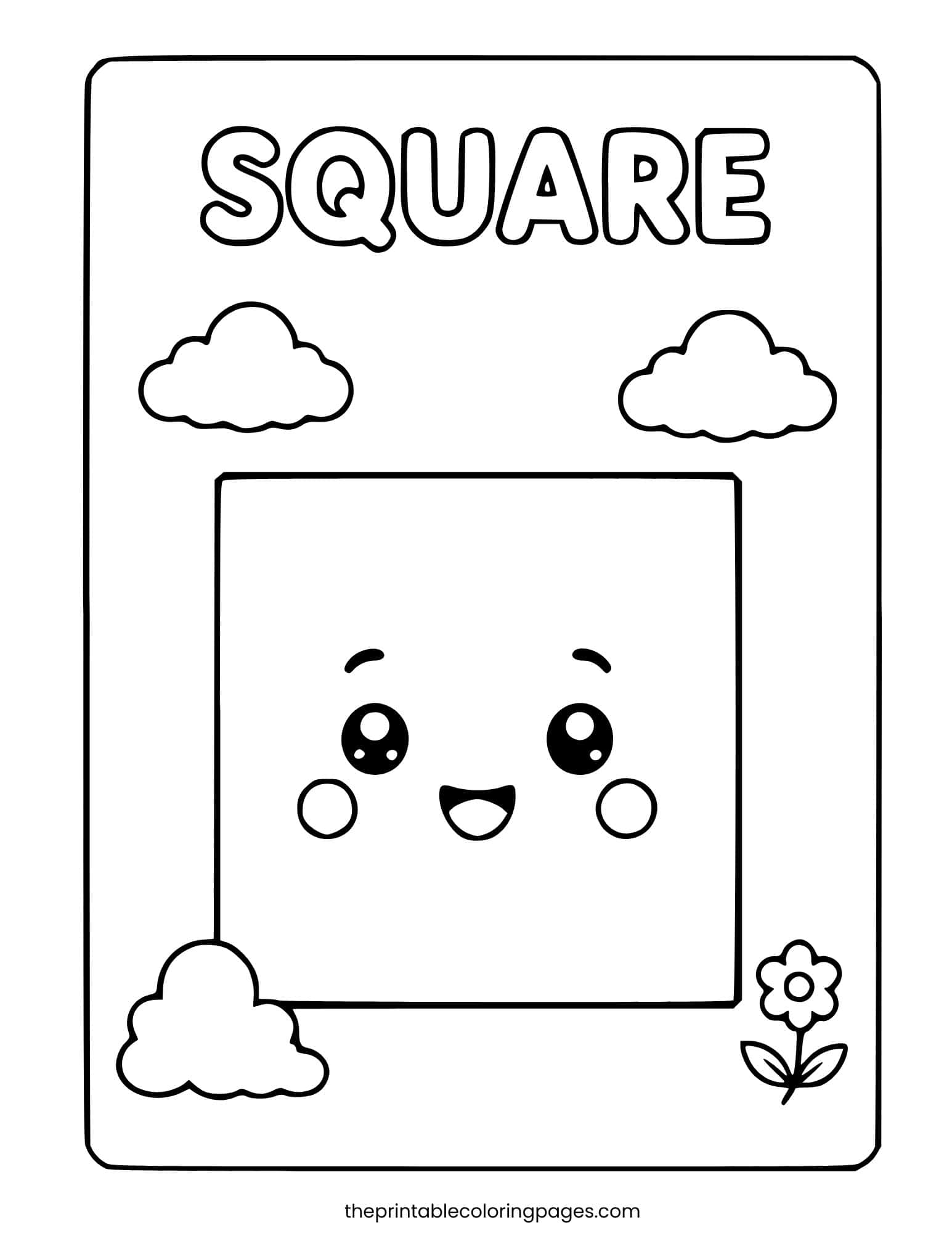 A cute kawaii square character with a happy smiling face, rosy cheeks, and big eyes, surrounded by clouds and a small flower, with thick outlines and a clean white background, preschool-friendly.