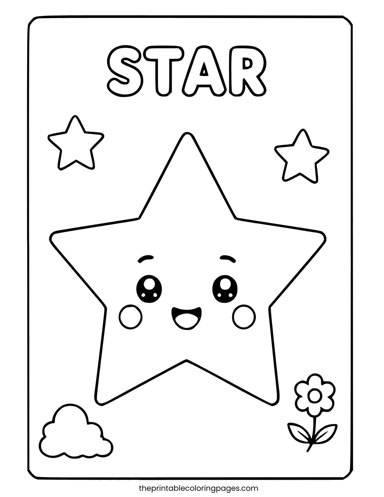 A cute kawaii star character with a happy smiling face, rosy cheeks, and big eyes, with two smaller stars, a cloud, and a flower, with thick outlines and a clean white background, preschool-friendly.