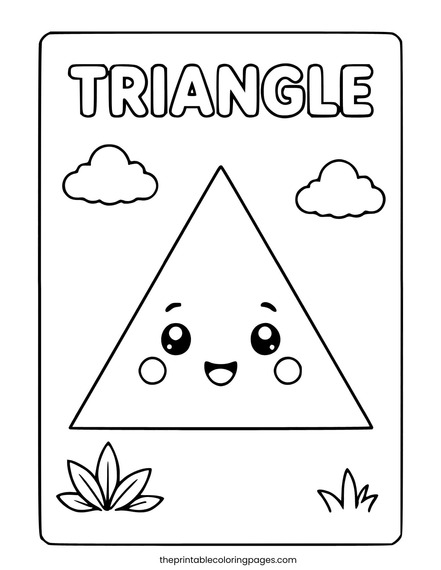 A cute kawaii triangle character with a happy smiling face, rosy cheeks, and big eyes, surrounded by clouds and grass, with thick outlines and a clean white background, preschool-friendly.