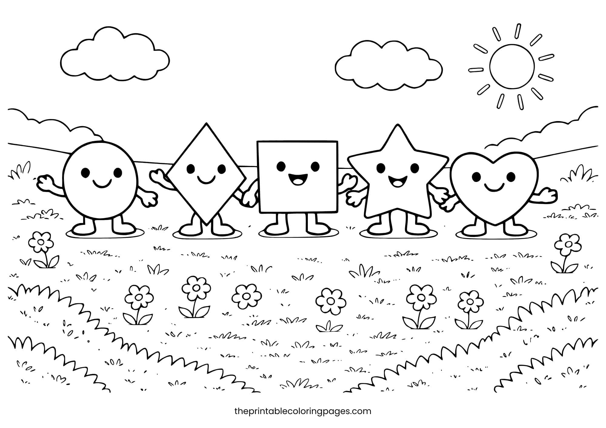 Five cute kawaii shape characters — circle, diamond, square, star, and heart — holding hands in a sunny meadow with flowers, grass, and clouds, with thick outlines and a clean white background, preschool-friendly.
