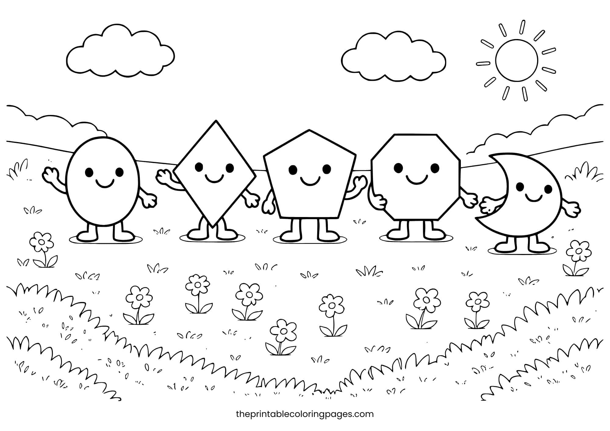 Five cute kawaii shape characters — oval, diamond, pentagon, octagon, and crescent — holding hands in a sunny meadow with flowers, grass, and clouds, with thick outlines and a clean white background, preschool-friendly.