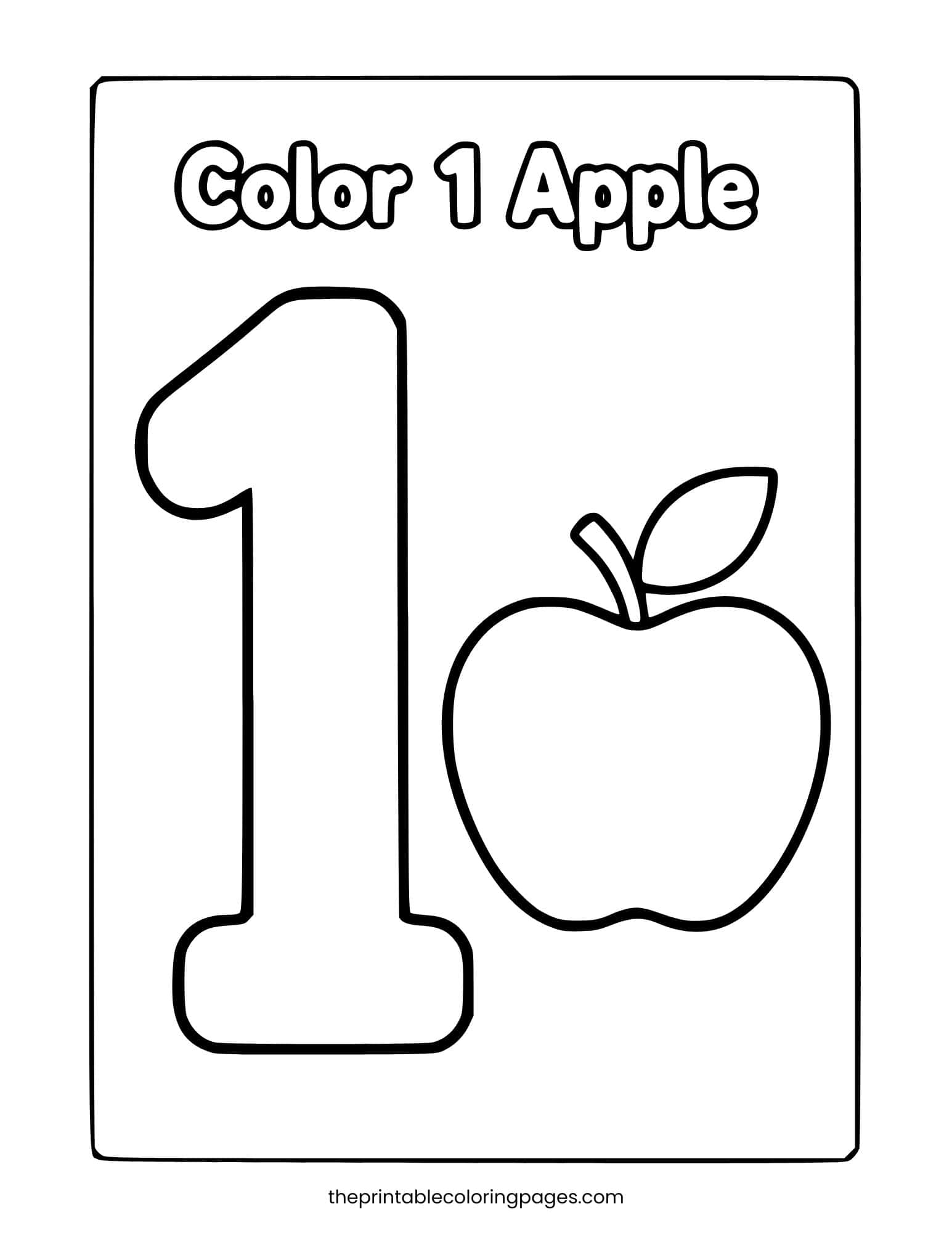 A worksheet titled Color 1 Apple with a large number 1 and a simple apple outline, thick outlines on a clean white background, toddler-friendly.