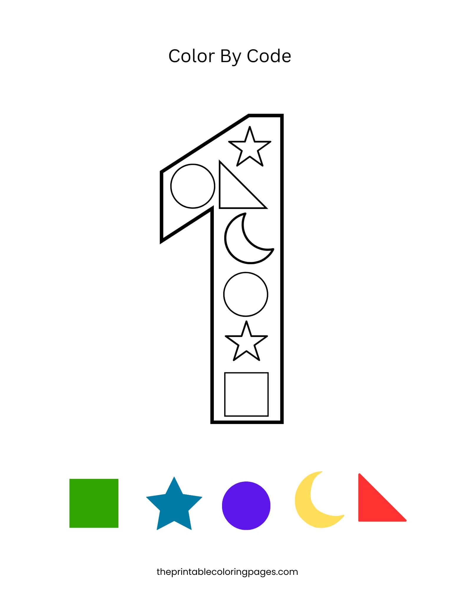 A number 1 filled with shapes for a color-by-code activity with a shape key below, thick outlines on a clean white background, kindergarten-friendly.