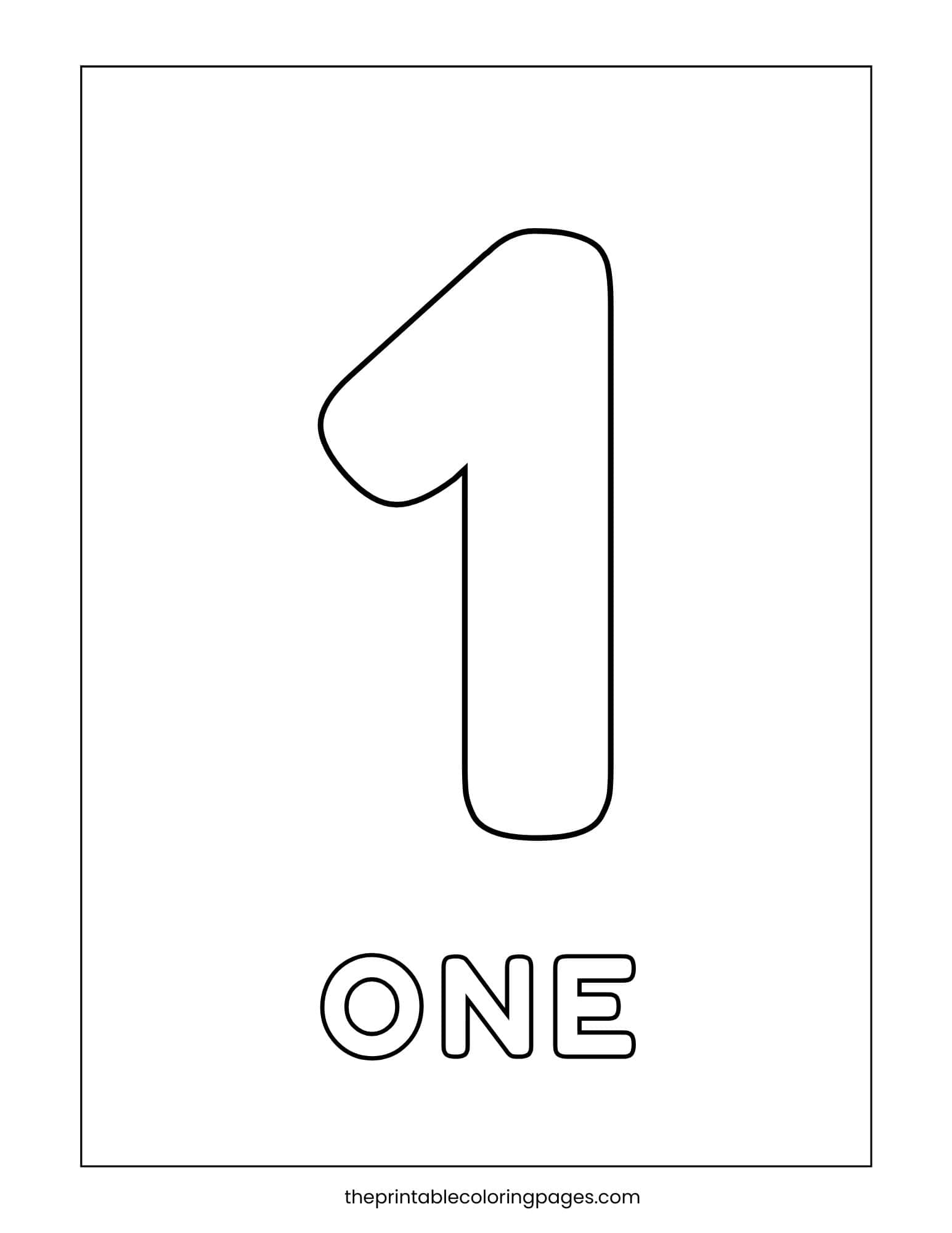 A large bold number 1 with thick outlines and the word ONE in bubble letters below, on a clean white background, preschool-friendly.