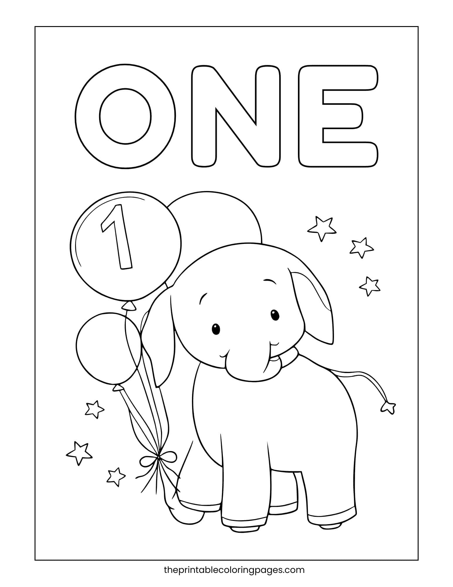 A cute baby elephant holding balloons with the word ONE above, thick outlines on a clean white background, preschool-friendly.