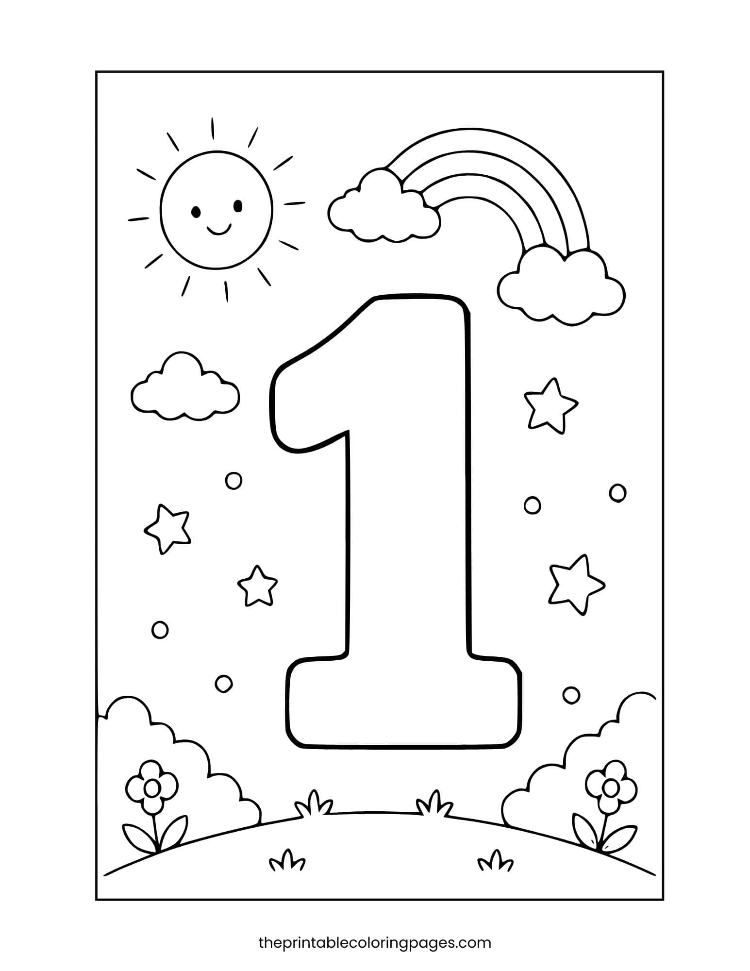 A large number 1 in a cheerful outdoor scene with a sun, rainbow, clouds, stars, and flowers, thick outlines on a clean white background.