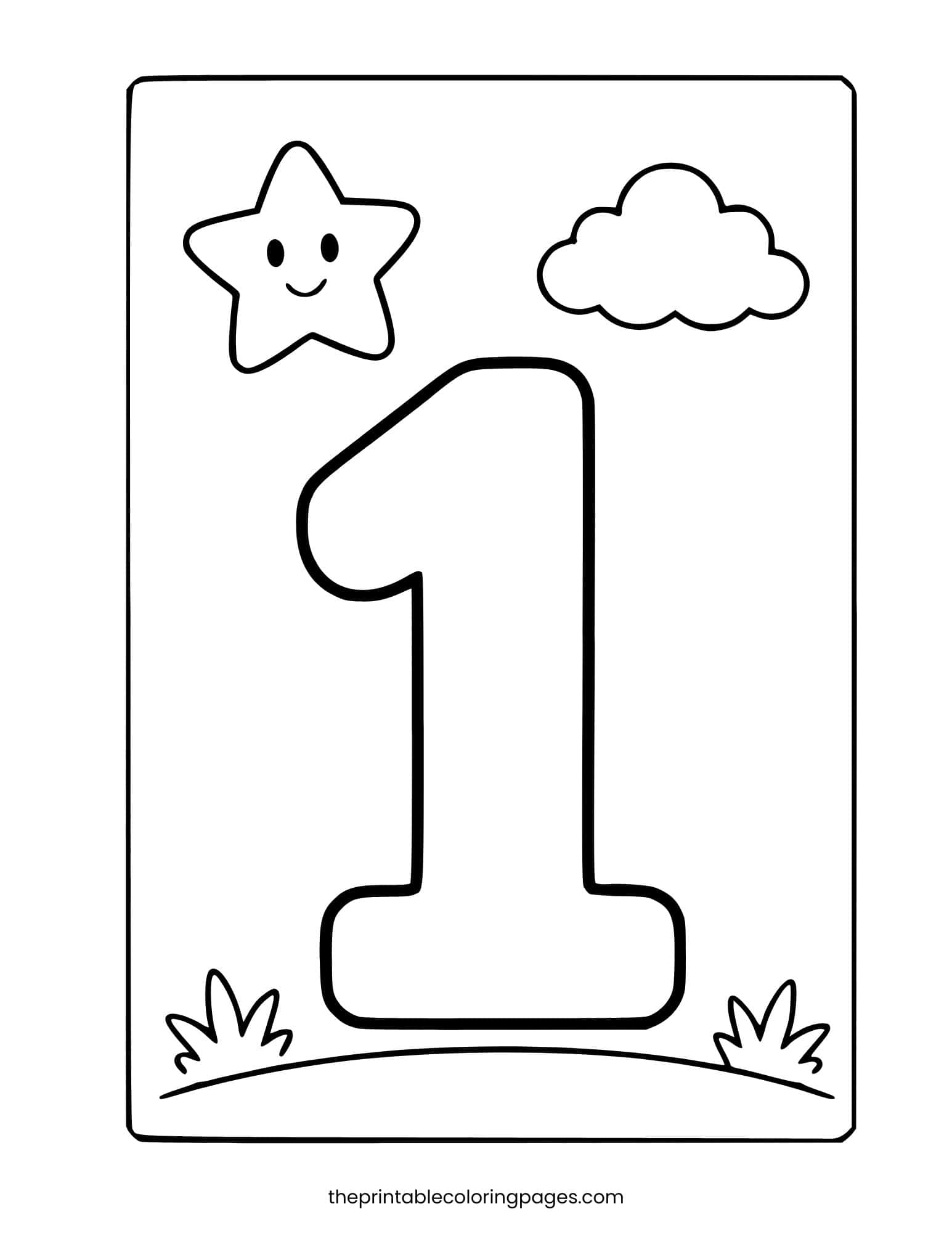 A large number 1 with a smiling star and a cloud in the top corners, grass at the base, thick outlines on a clean white background, toddler-friendly.