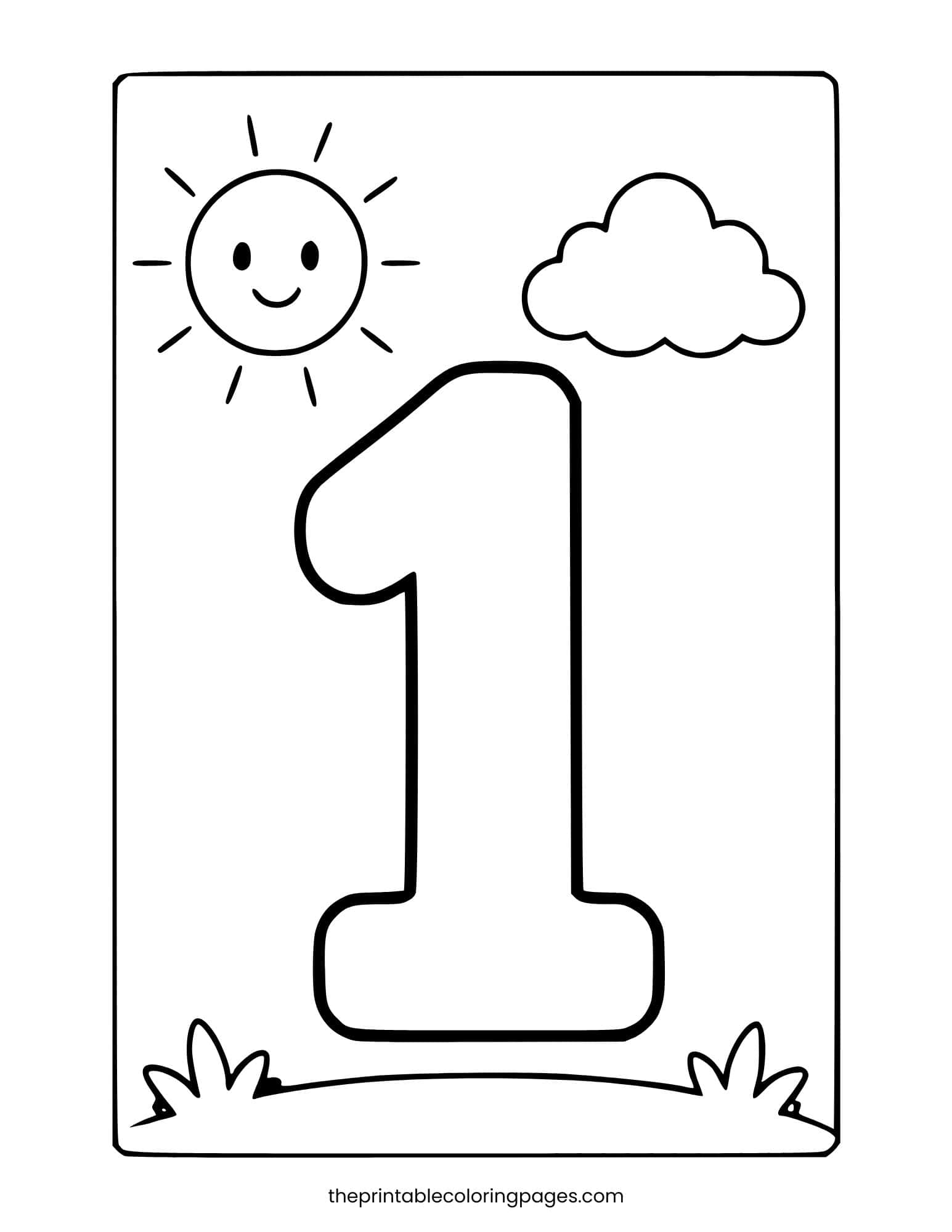 A large simple number 1 with a smiling sun and a cloud in the background, thick outlines on a clean white background, toddler-friendly.