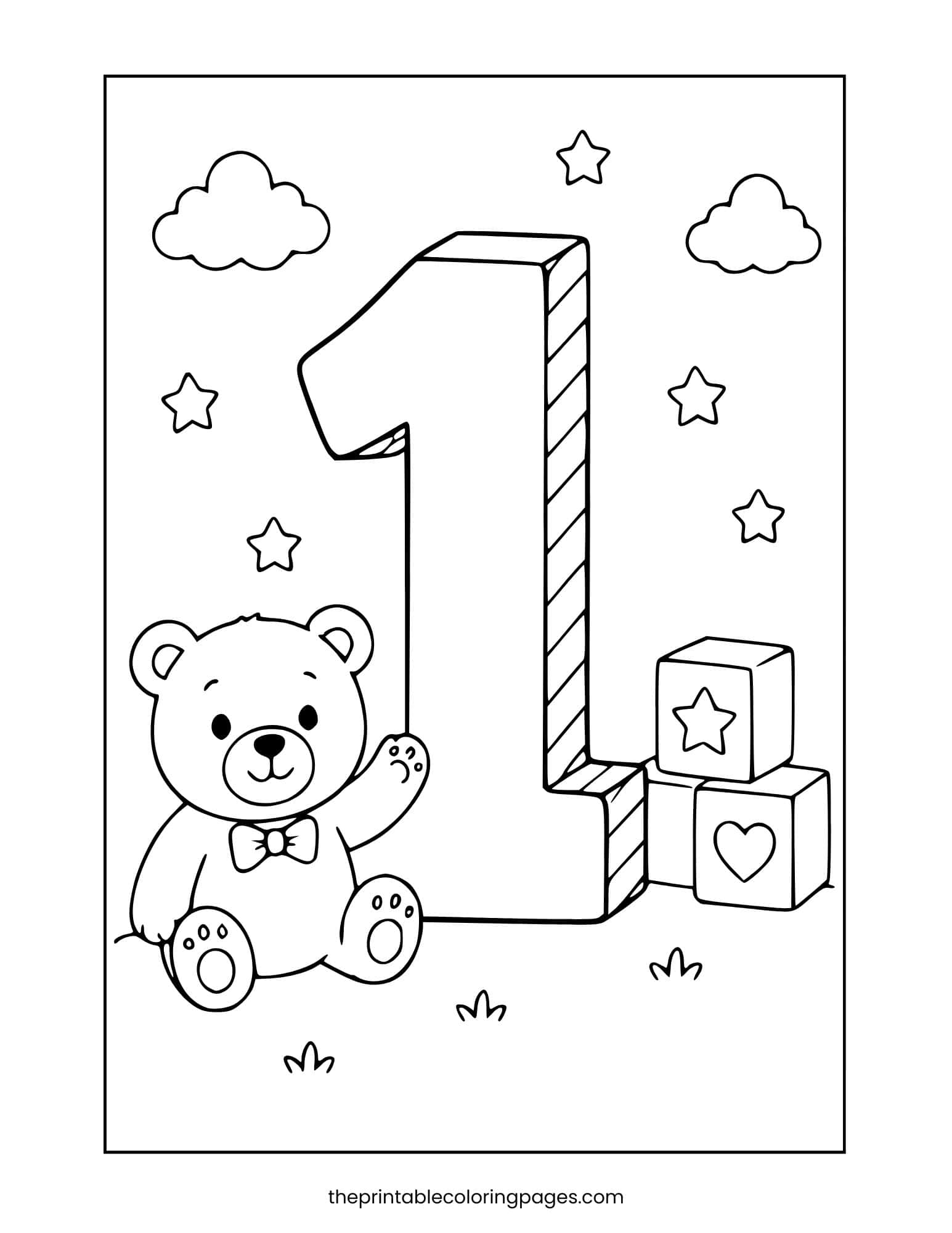 A 3D striped number 1 with a cute teddy bear and toy blocks beside it, stars and clouds above, thick outlines on a clean white background.