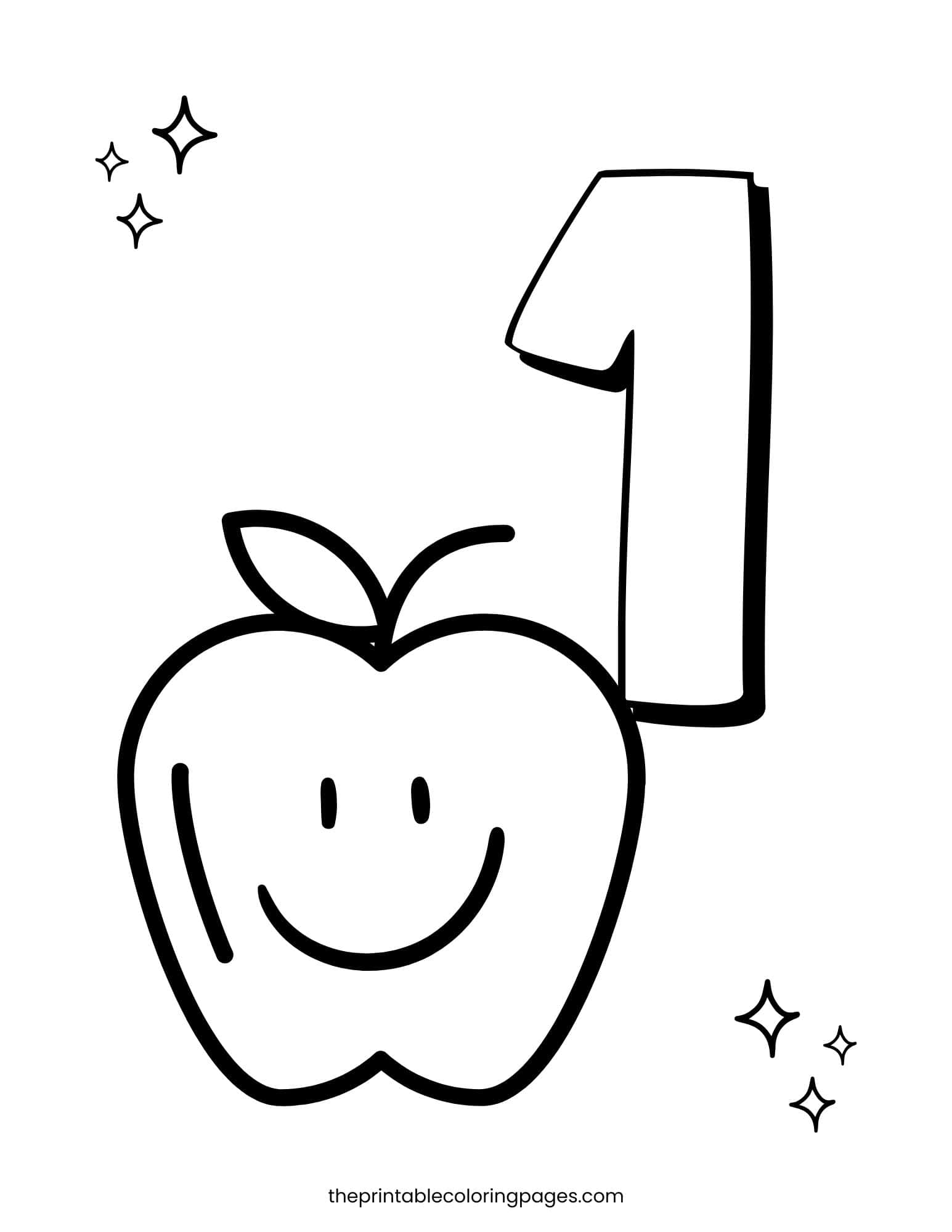 A bold number 1 beside a smiling apple with sparkle stars, thick outlines on a clean white background, preschool-friendly.
