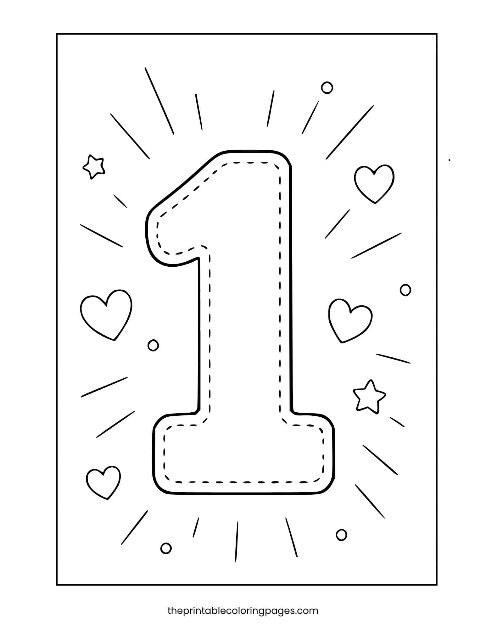 A number 1 with a dashed inner border surrounded by hearts, stars, and radiating lines, thick outlines on a clean white background, preschool-friendly.