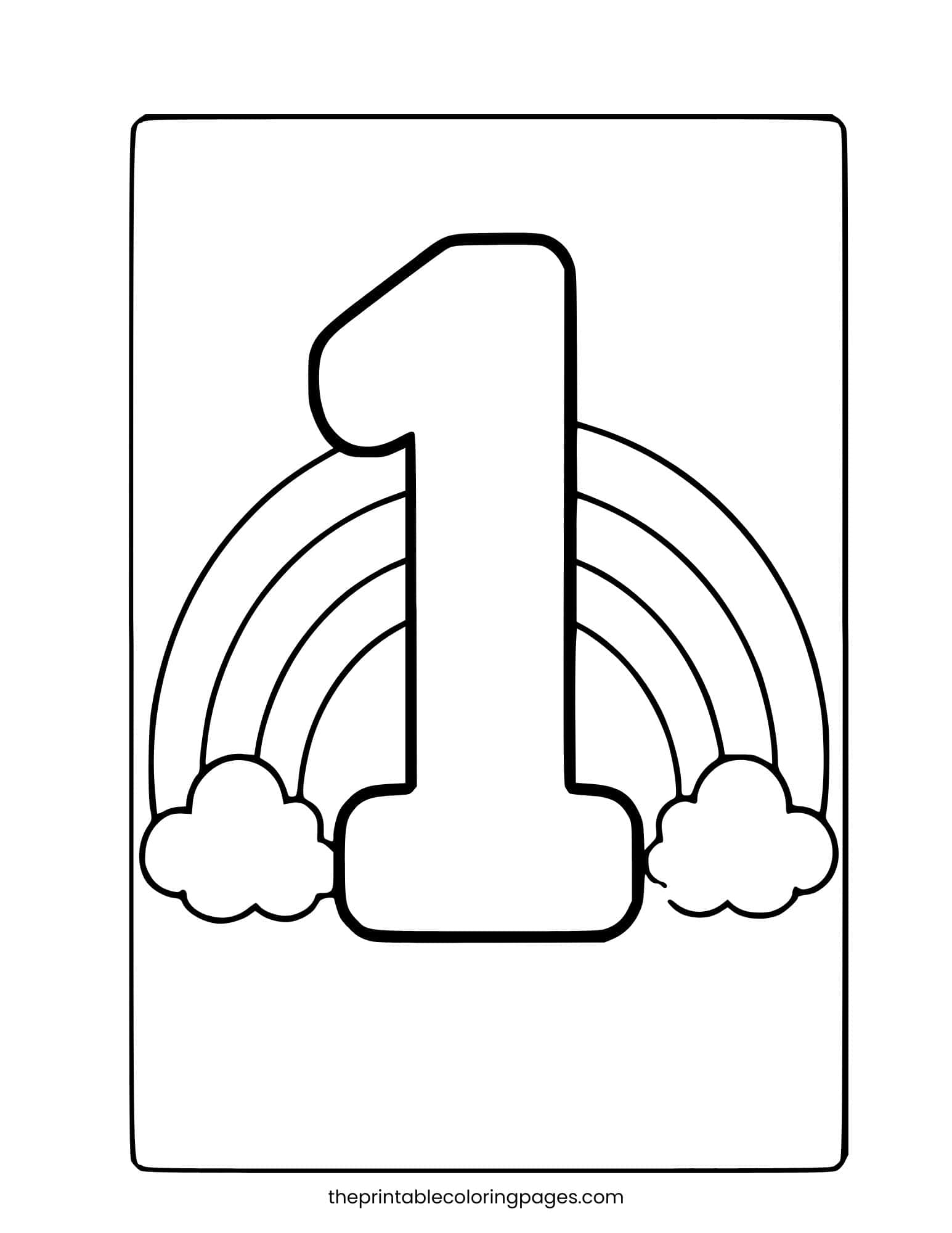 A large number 1 in front of a rainbow with clouds on each side, thick outlines on a clean white background, toddler-friendly.