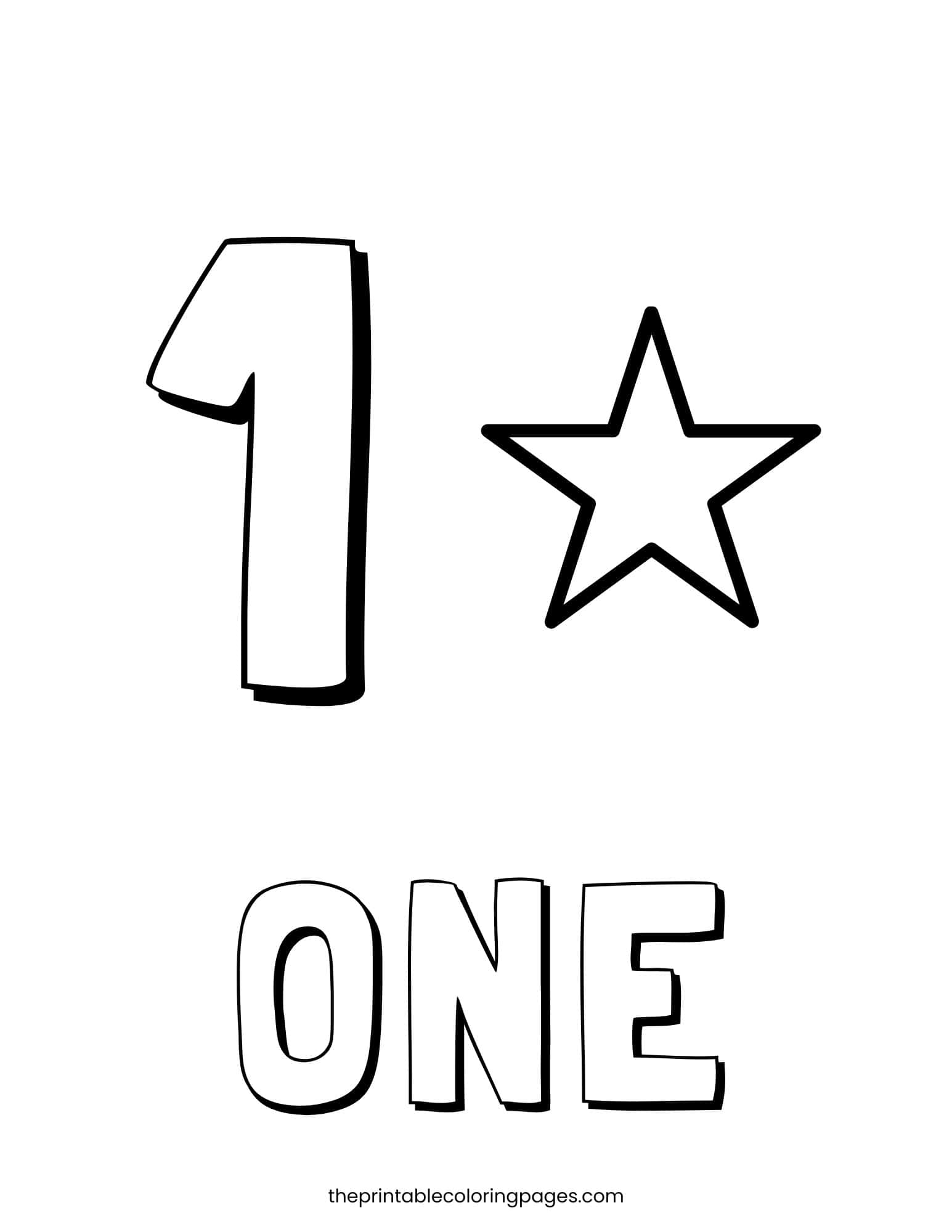 A bold 3D-style number 1 beside a large star outline with the word ONE below, thick outlines on a clean white background, preschool-friendly.