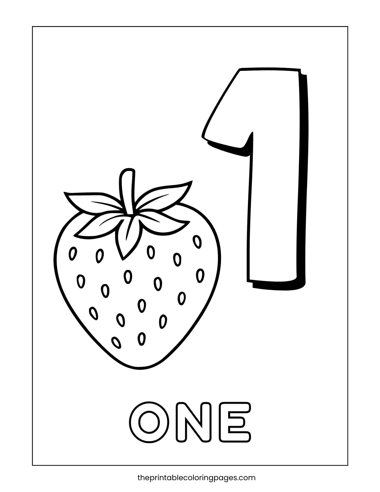 A large number 1 beside a detailed strawberry with the word ONE below, thick outlines on a clean white background, preschool-friendly.