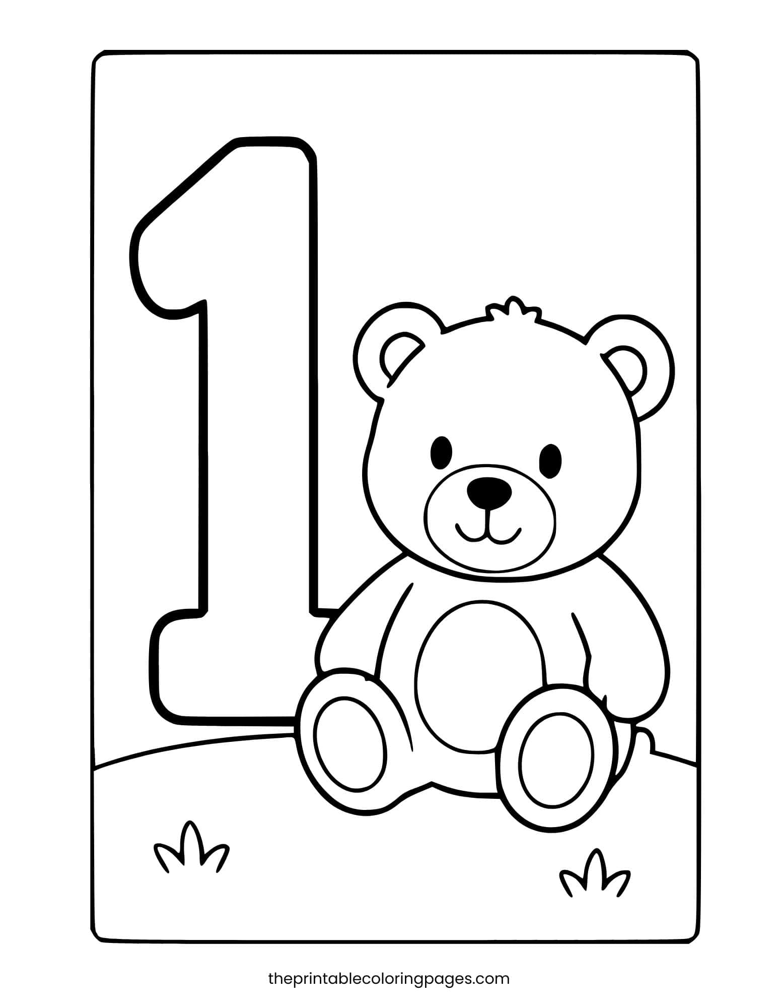 A large number 1 beside a cute sitting teddy bear on a grassy hill, thick outlines on a clean white background, preschool-friendly.