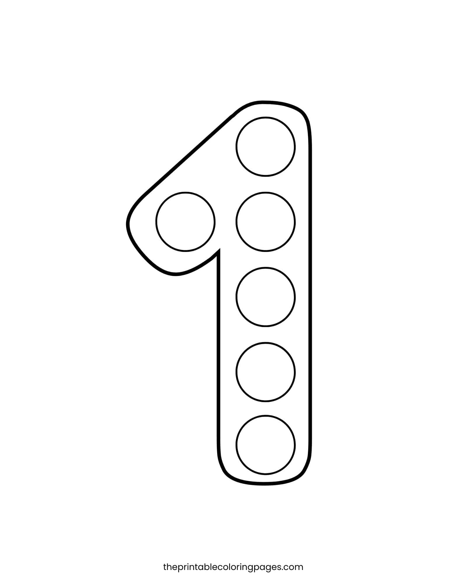 A number 1 shape filled with large circles for dot markers, thick outlines on a clean white background, toddler-friendly.