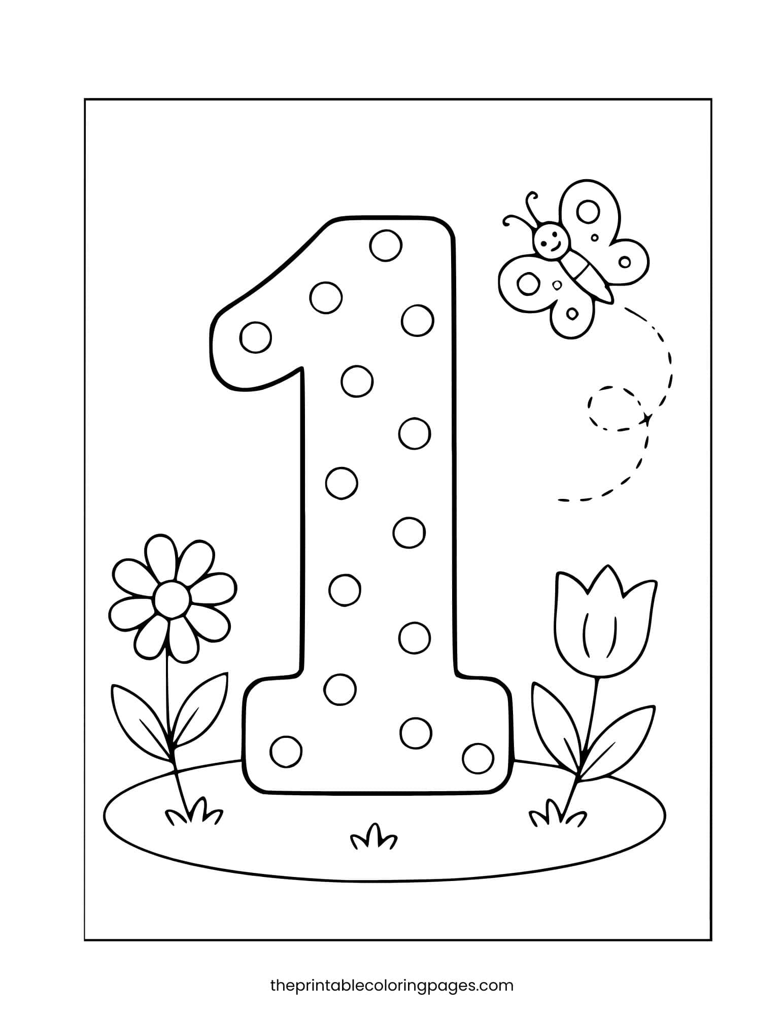 A polka-dot number 1 in a garden scene with a butterfly, a daisy, and a tulip, thick outlines on a clean white background, preschool-friendly.