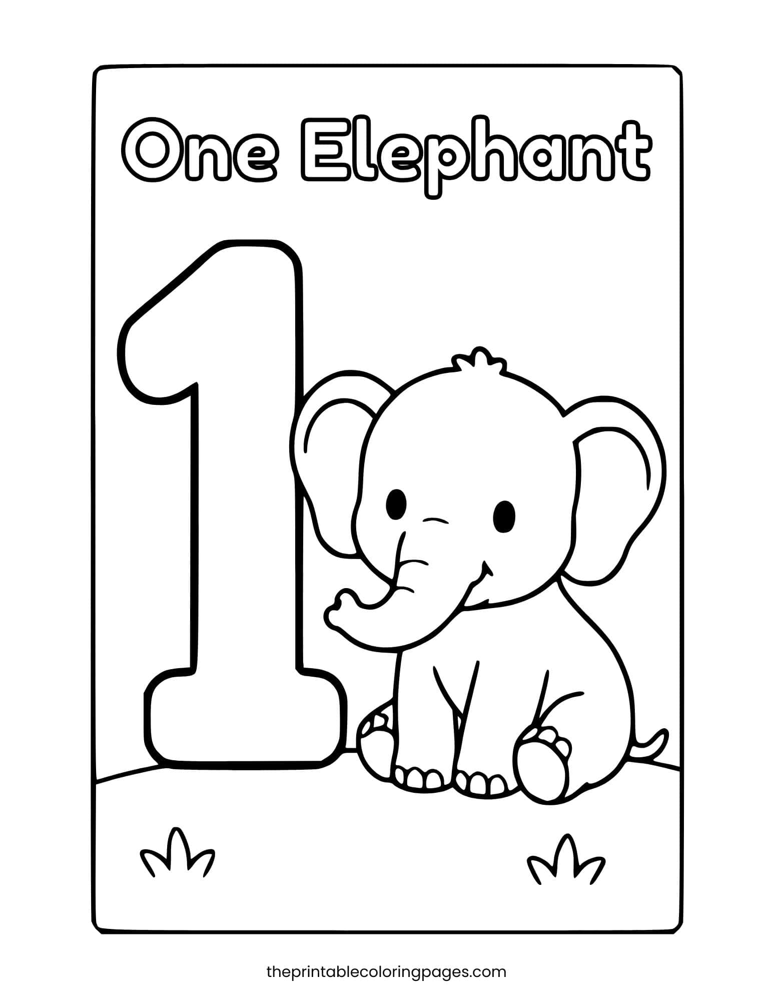 A flashcard-style page titled One Elephant with a large number 1 and a cute sitting baby elephant, thick outlines on a clean white background.
