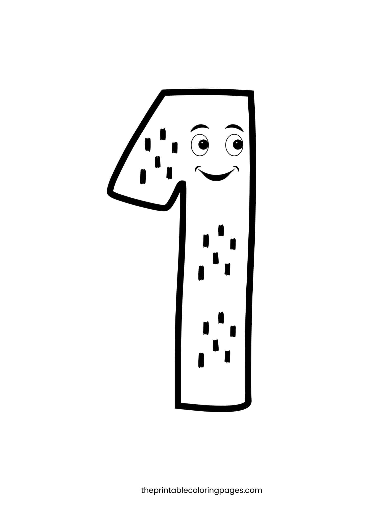 A cheerful number 1 with a smiling face and small freckles, thick outlines on a clean white background, preschool-friendly.