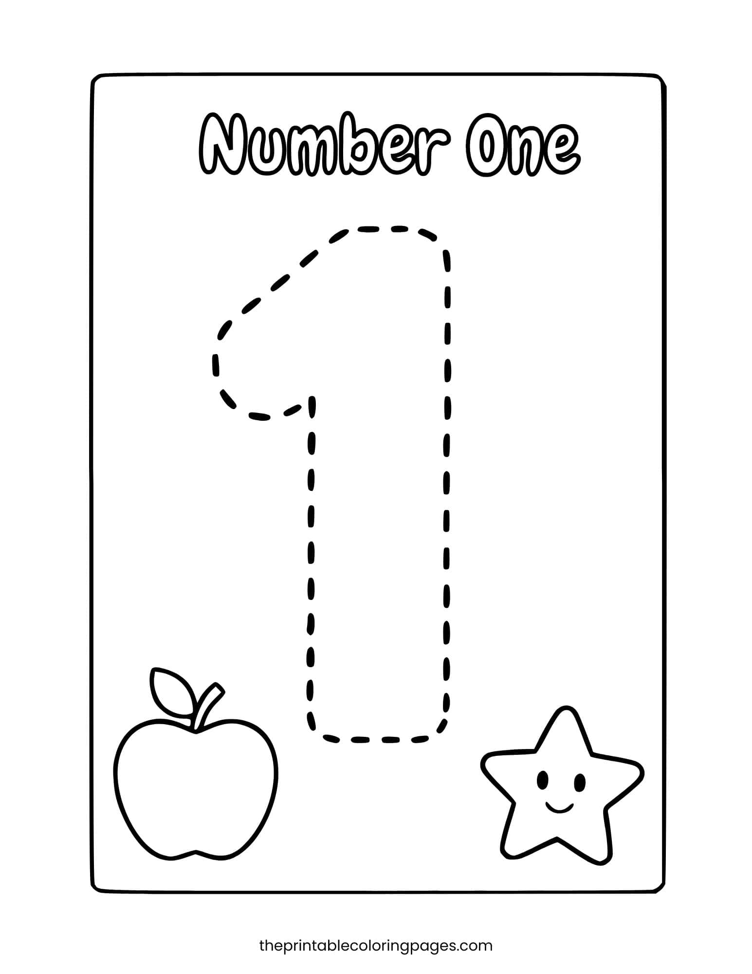 A number one tracing page with dashed lines, a small apple, and a smiling star below, thick outlines on a clean white background, preschool-friendly.