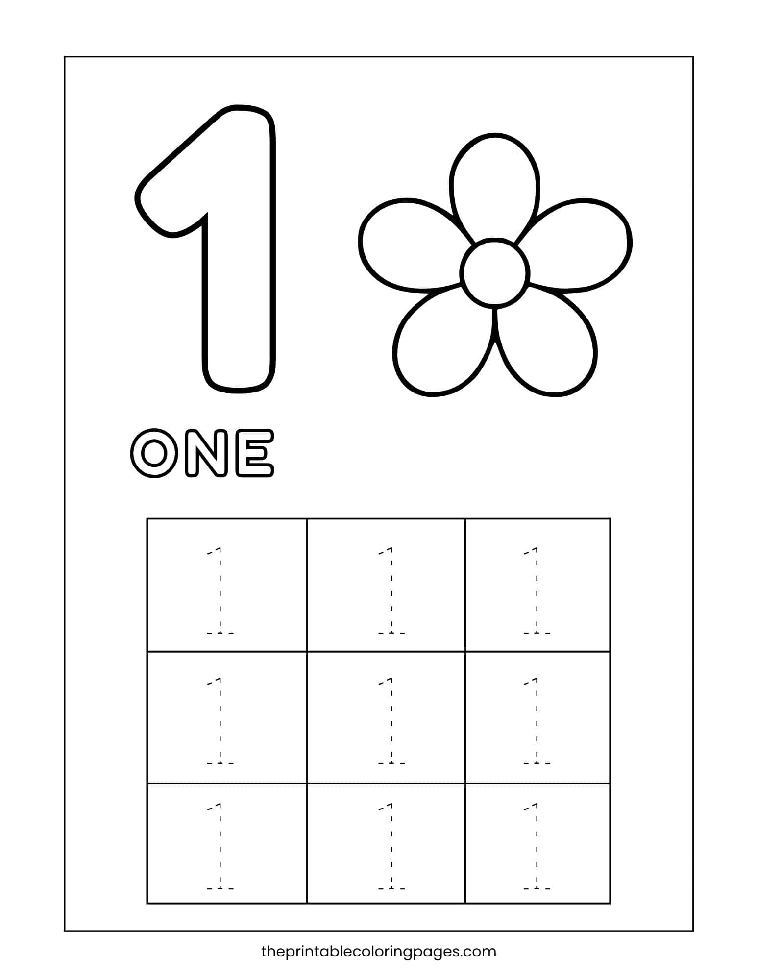 A number 1 with a daisy flower and a 3x3 tracing grid with dashed number 1s below, thick outlines on a clean white background, preschool-friendly.