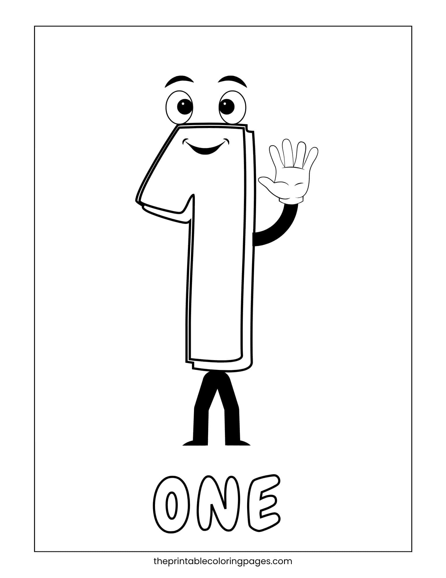A number 1 cartoon character with eyes, a smile, arms, and legs waving, with the word ONE below, thick outlines on a clean white background.